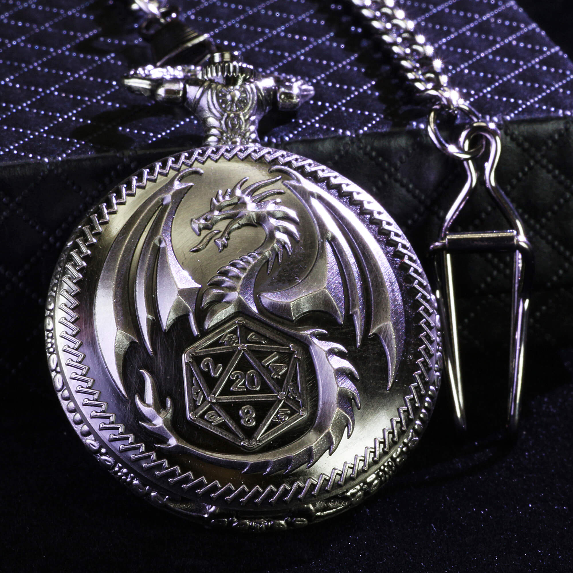 Flying Dragon Mini Polyhedral Metal D and D Dice Set with Pocket Watch Shell Case - Dice of Dragons