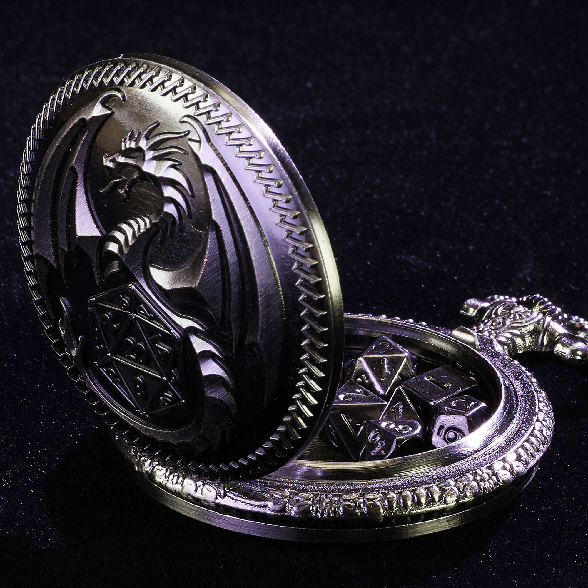 Flying Dragon Mini Polyhedral Metal D and D Dice Set with Pocket Watch Shell Case - Dice of Dragons
