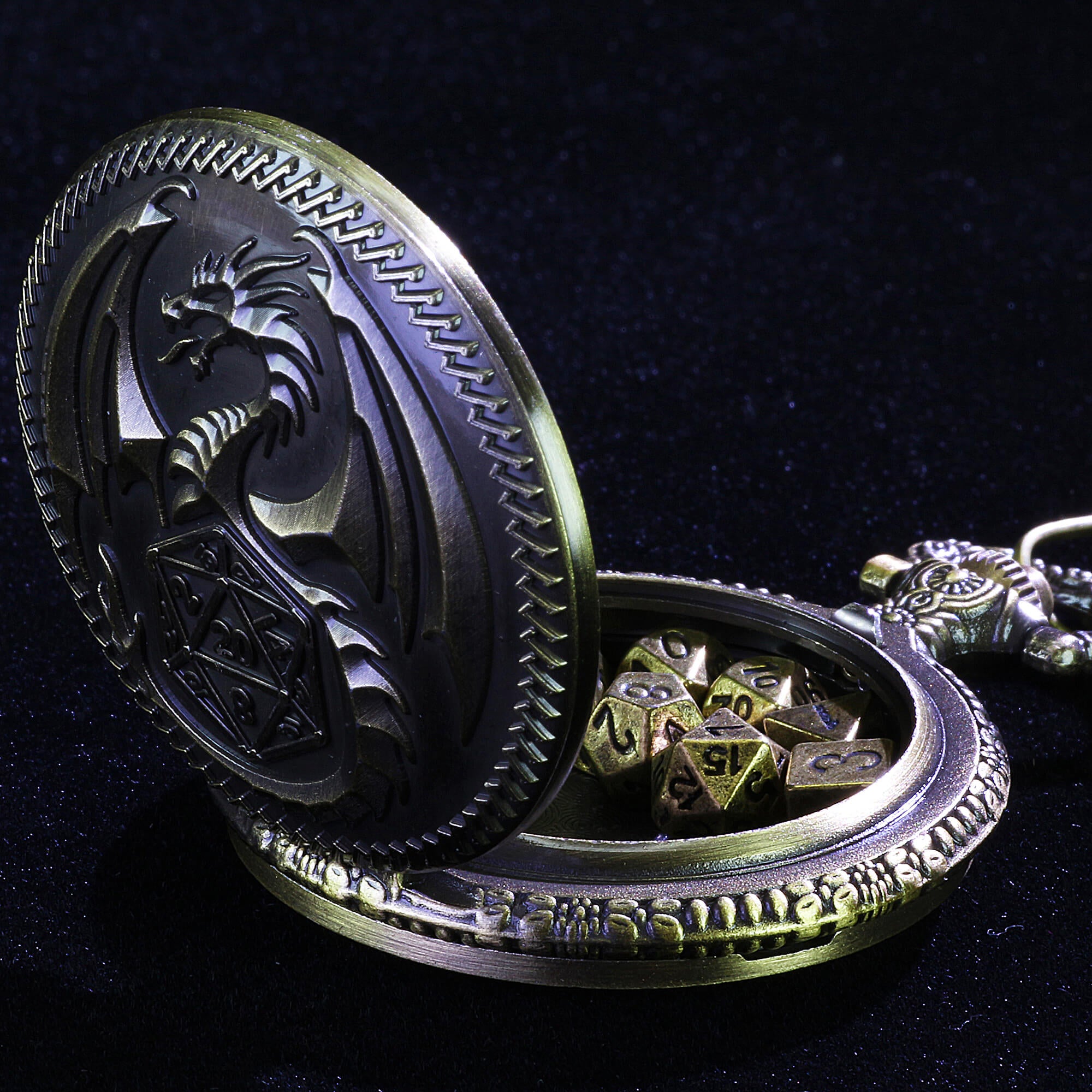 Flying Dragon Mini Polyhedral Metal D and D Dice Set with Pocket Watch Shell Case - Dice of Dragons