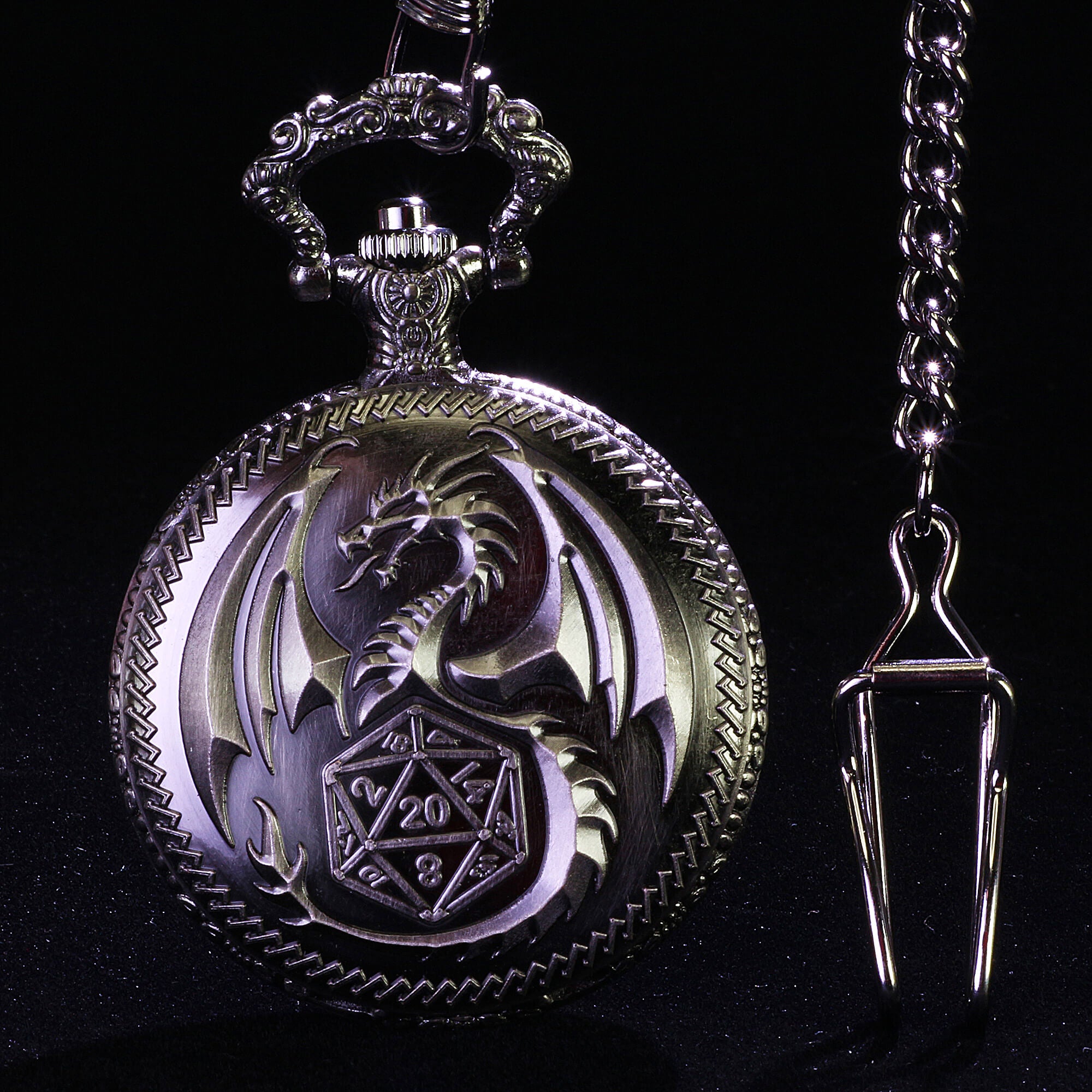 Flying Dragon Mini Polyhedral Metal D and D Dice Set with Pocket Watch Shell Case - Dice of Dragons