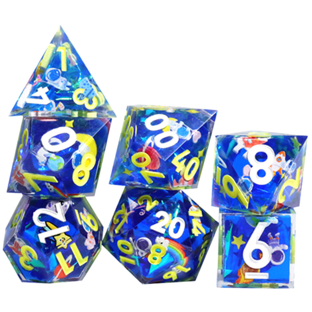 Flying Into Space Glow-in-the-Dark Sharp Edge Resin Polyhedral 7-Piece D&D Dice Set - Dice of Dragons