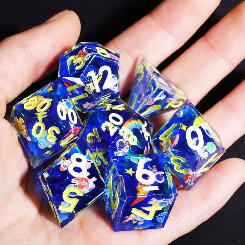 Flying Into Space Glow-in-the-Dark Sharp Edge Resin Polyhedral 7-Piece D&D Dice Set - Dice of Dragons