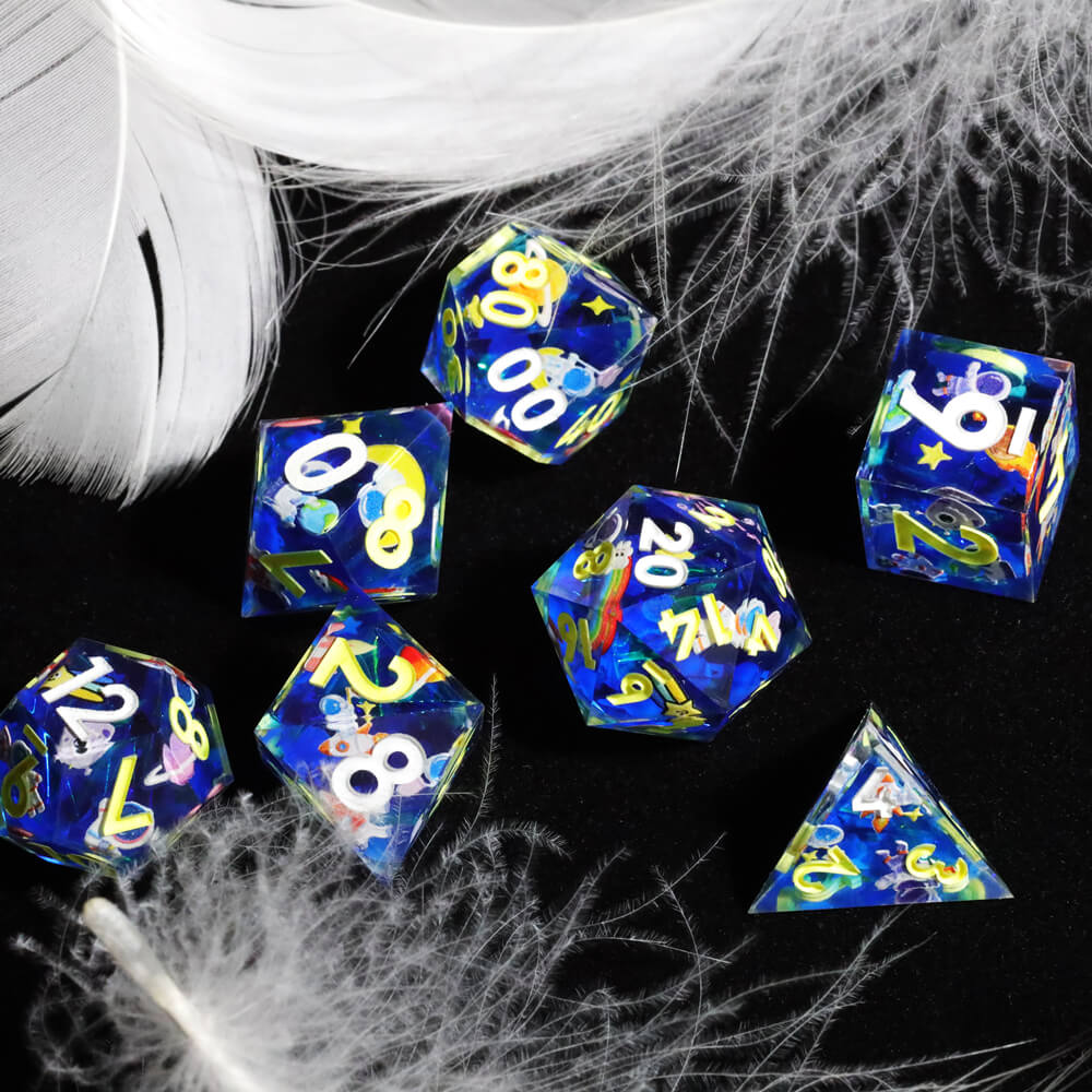 Flying Into Space Glow-in-the-Dark Sharp Edge Resin Polyhedral 7-Piece D&D Dice Set - Dice of Dragons