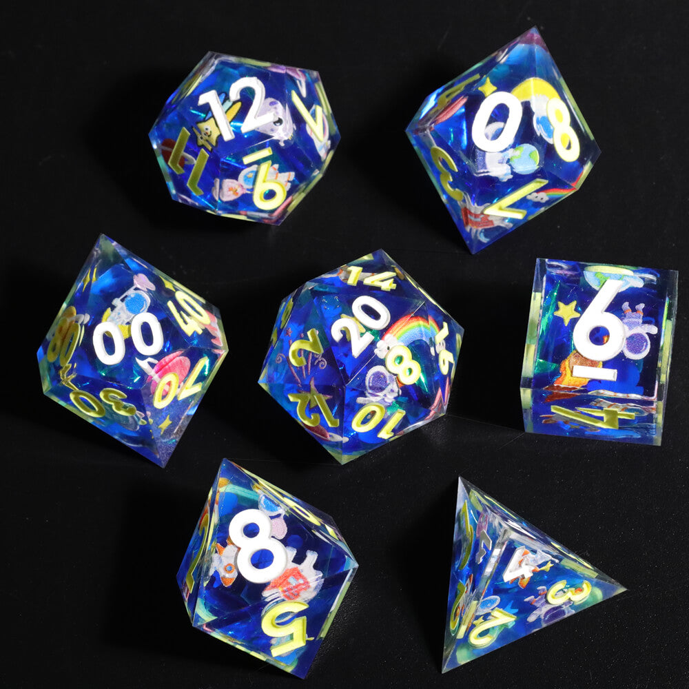Flying Into Space Glow-in-the-Dark Sharp Edge Resin Polyhedral 7-Piece D&D Dice Set - Dice of Dragons