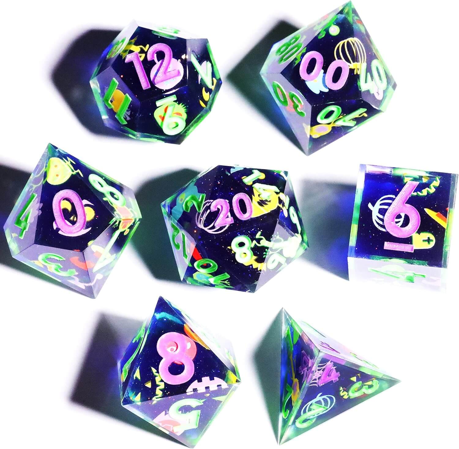 Gaming Resin 7 Sharp Edge Polyhedral D and D Set Dice - Little Monster - Dice of Dragons