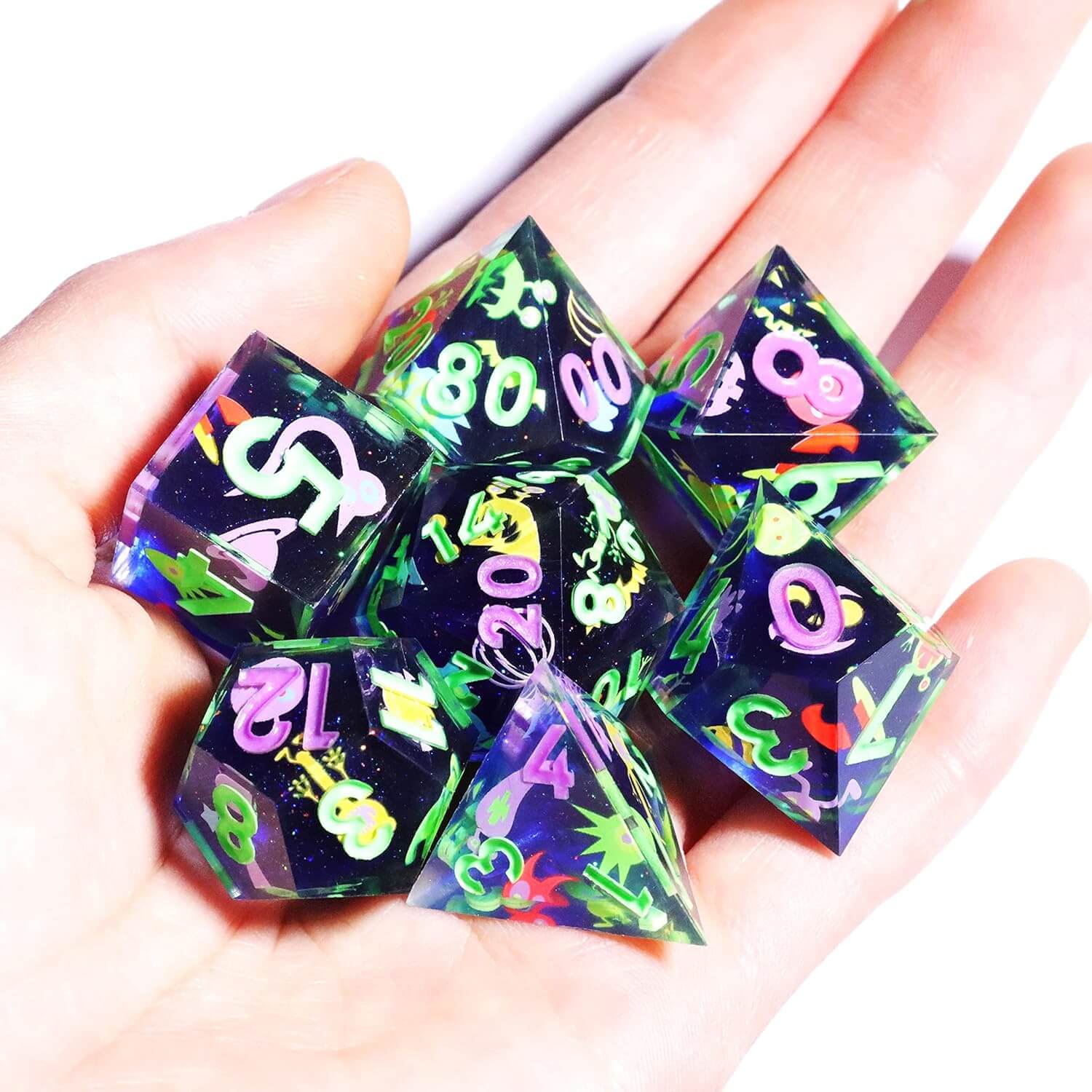 Gaming Resin 7 Sharp Edge Polyhedral D and D Set Dice - Little Monster - Dice of Dragons