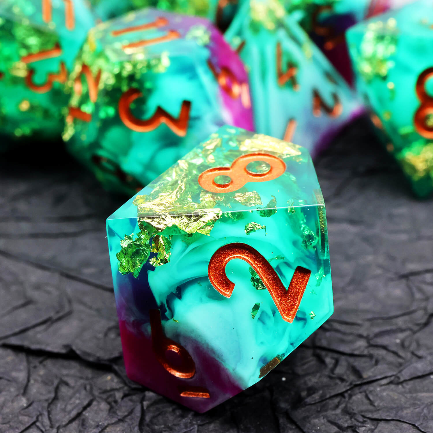 Gold Leaf Handmade Polyhedral DnD Dice Set for Board Games - Dice of Dragons