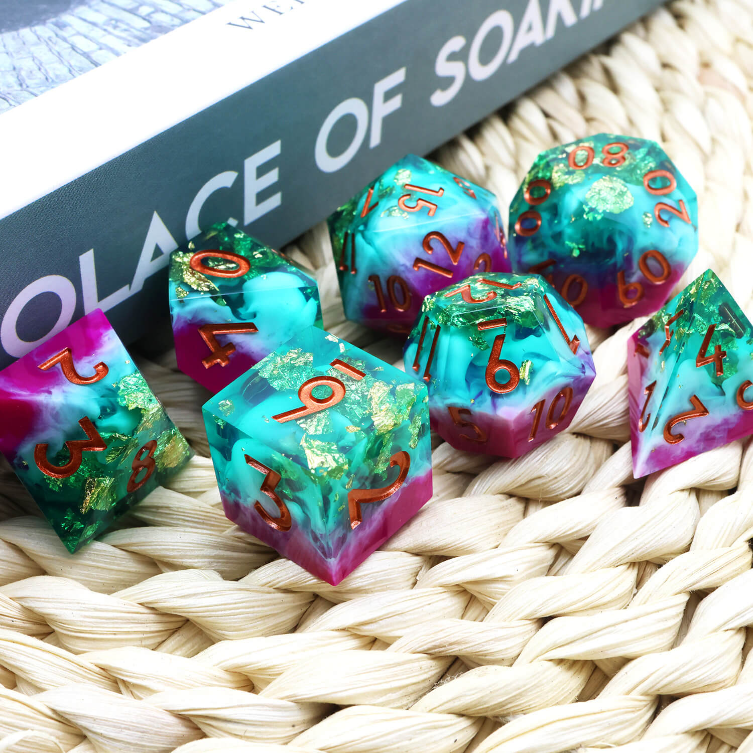 Gold Leaf Handmade Polyhedral DnD Dice Set for Board Games - Dice of Dragons