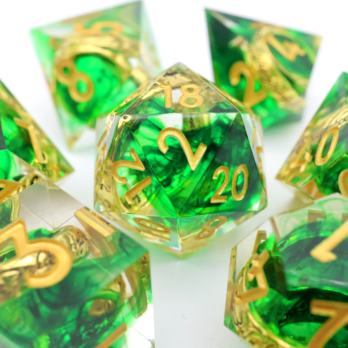 Green Magic Ring 7-Piece Sharp Edge DND Dice Set - Dice of Dragons