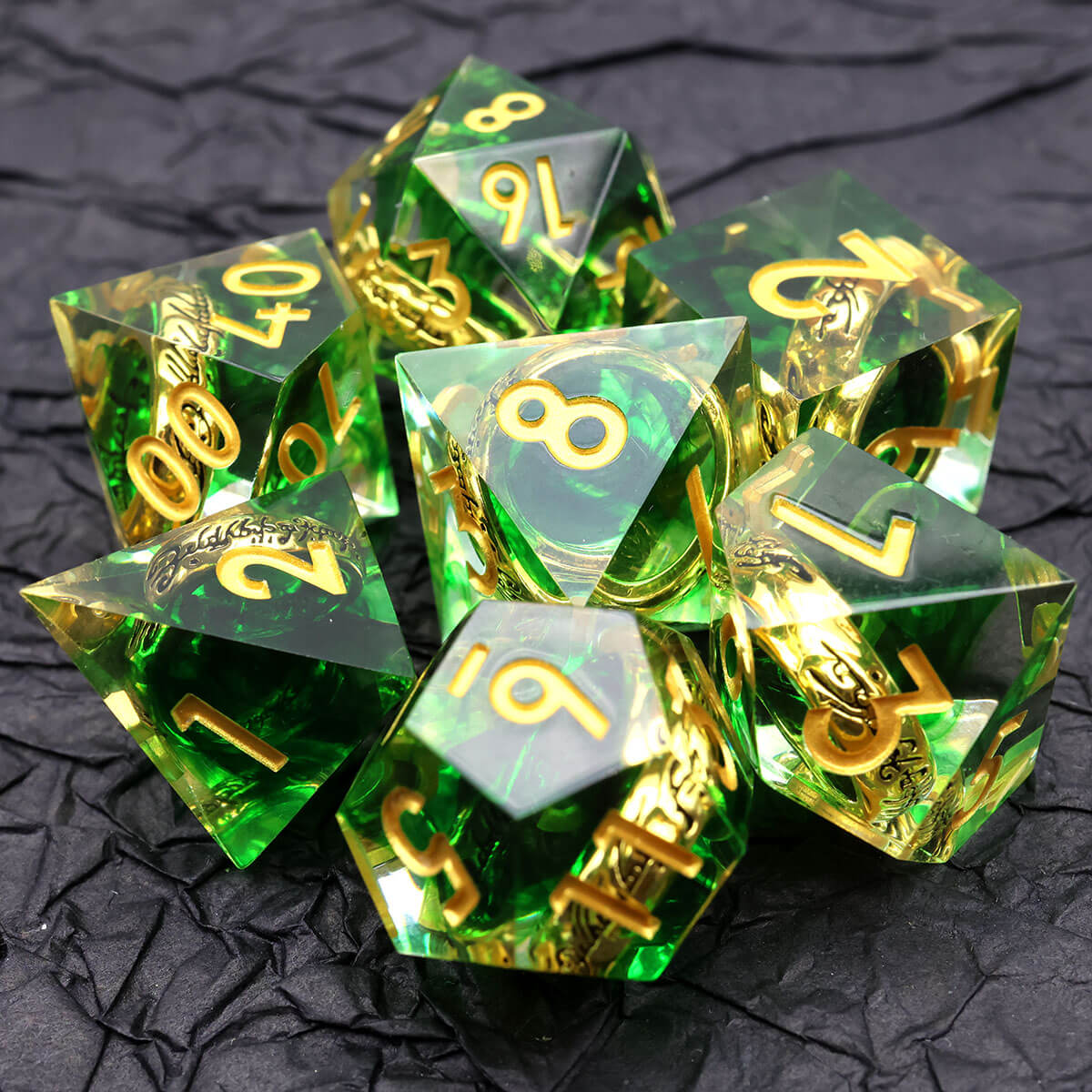 Green Magic Ring 7-Piece Sharp Edge DND Dice Set - Dice of Dragons