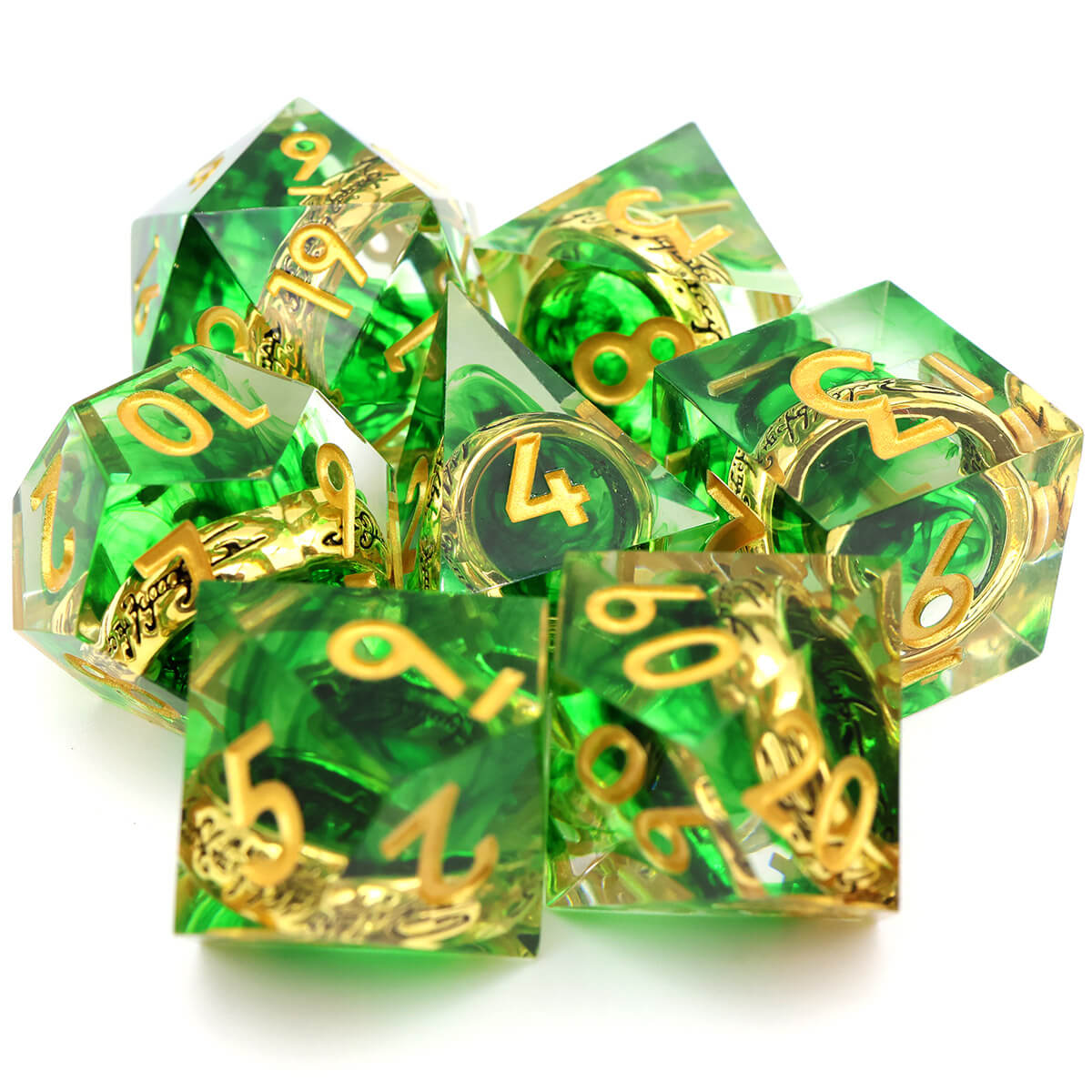 Green Magic Ring 7-Piece Sharp Edge DND Dice Set - Dice of Dragons