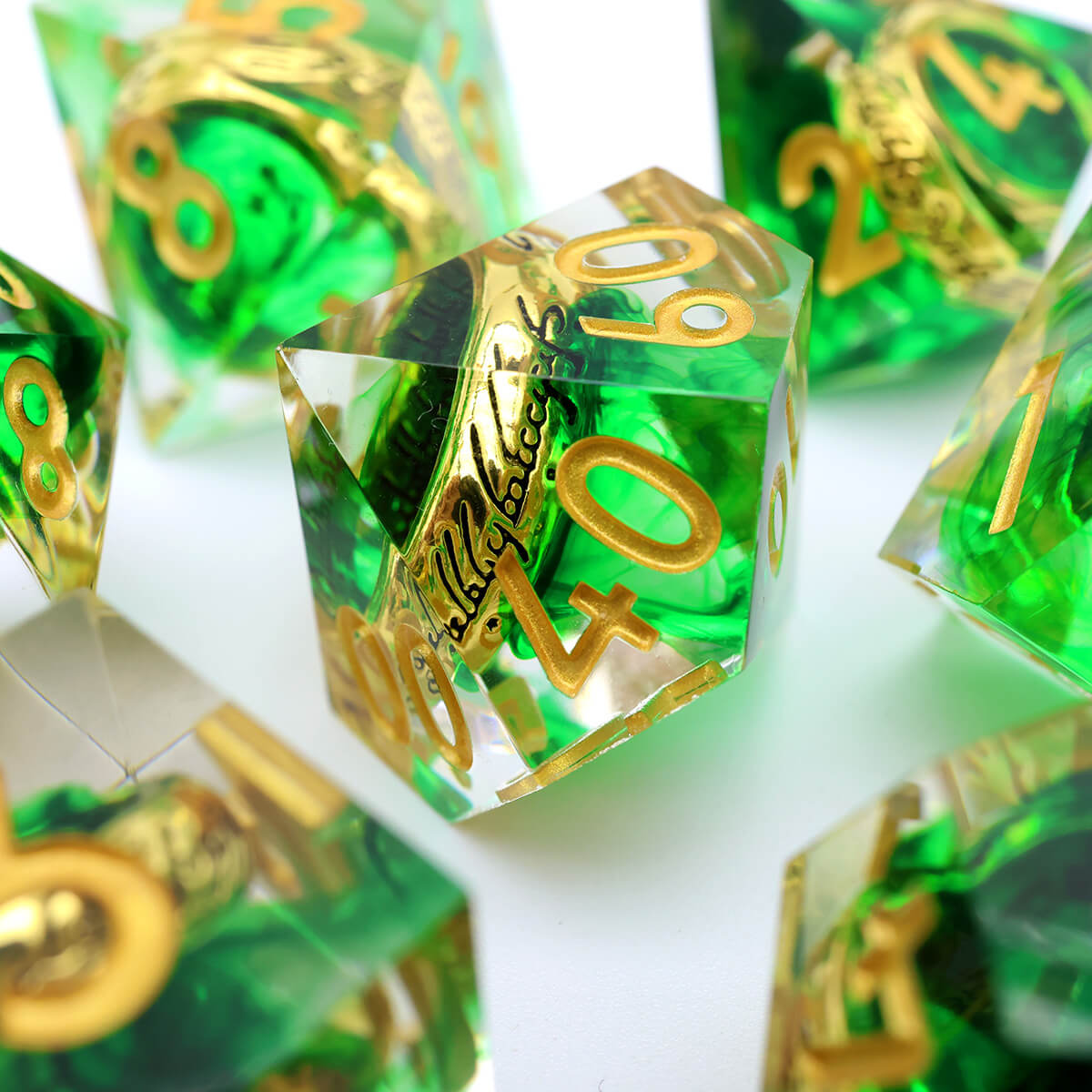 Green Magic Ring 7-Piece Sharp Edge DND Dice Set - Dice of Dragons