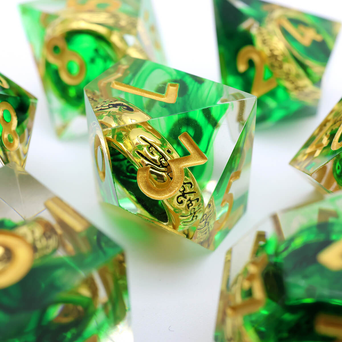 Green Magic Ring 7-Piece Sharp Edge DND Dice Set - Dice of Dragons