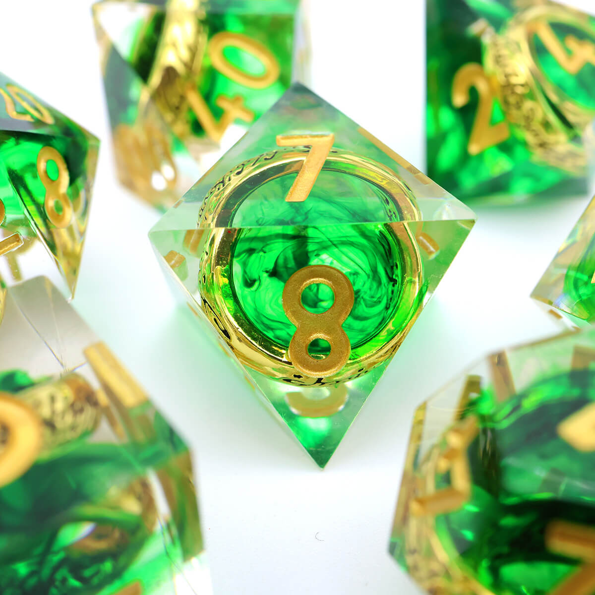 Green Magic Ring 7-Piece Sharp Edge DND Dice Set - Dice of Dragons