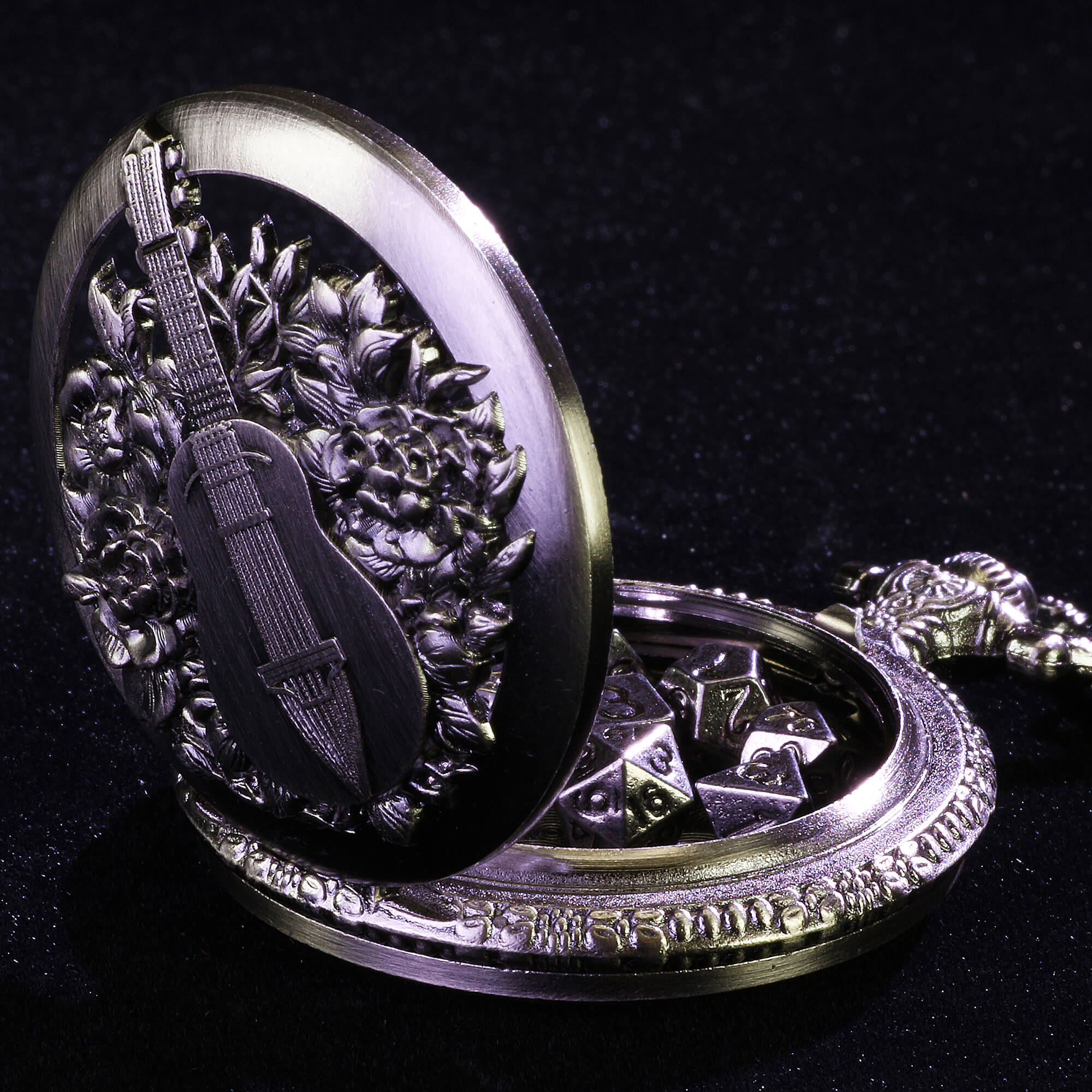 Guitar Flower Mini Polyhedral Metal Dice Set DnD with Pocket Watch Shell Case - Dice of Dragons
