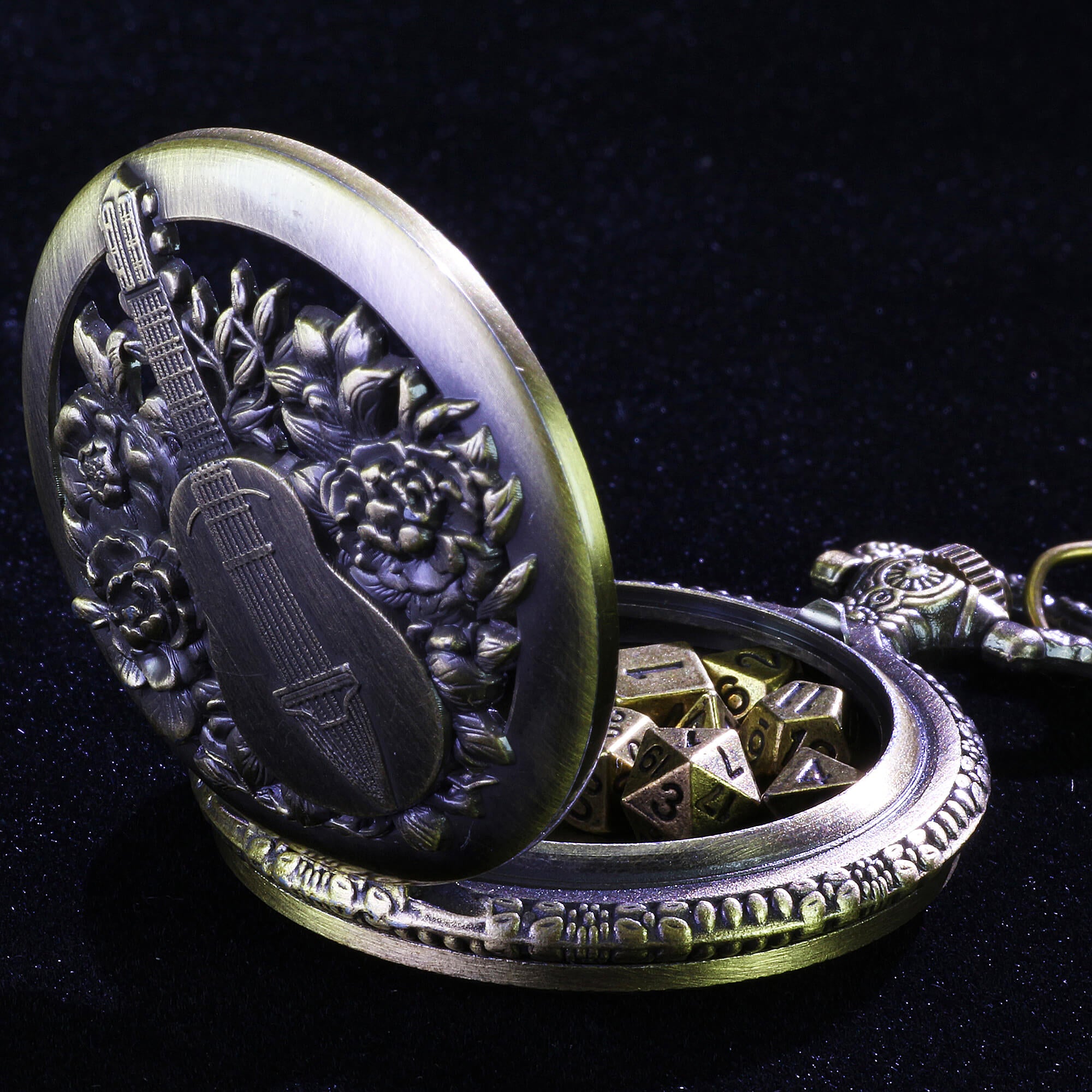 Guitar Flower Mini Polyhedral Metal Dice Set DnD with Pocket Watch Shell Case - Dice of Dragons