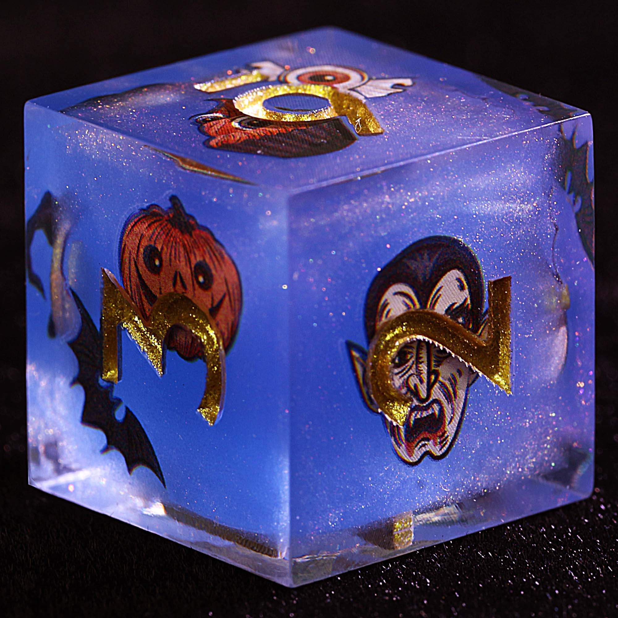 Halloween 9 Polyhedral Resin Set of Dice D and D Blue Vampire Bat Skull - Dice of Dragons