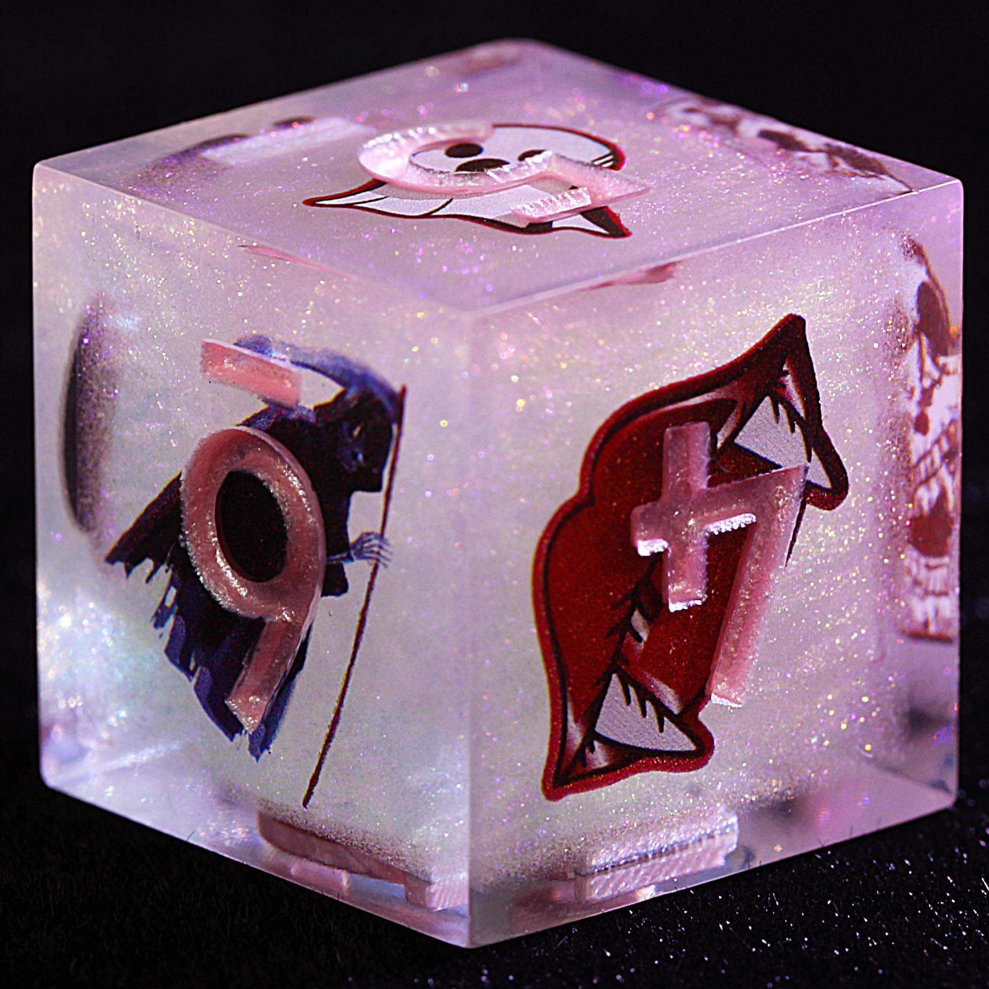 Halloween 9 Polyhedral Resin Sets of Dice DD Pink Witch Bloody Broomstick - Dice of Dragons