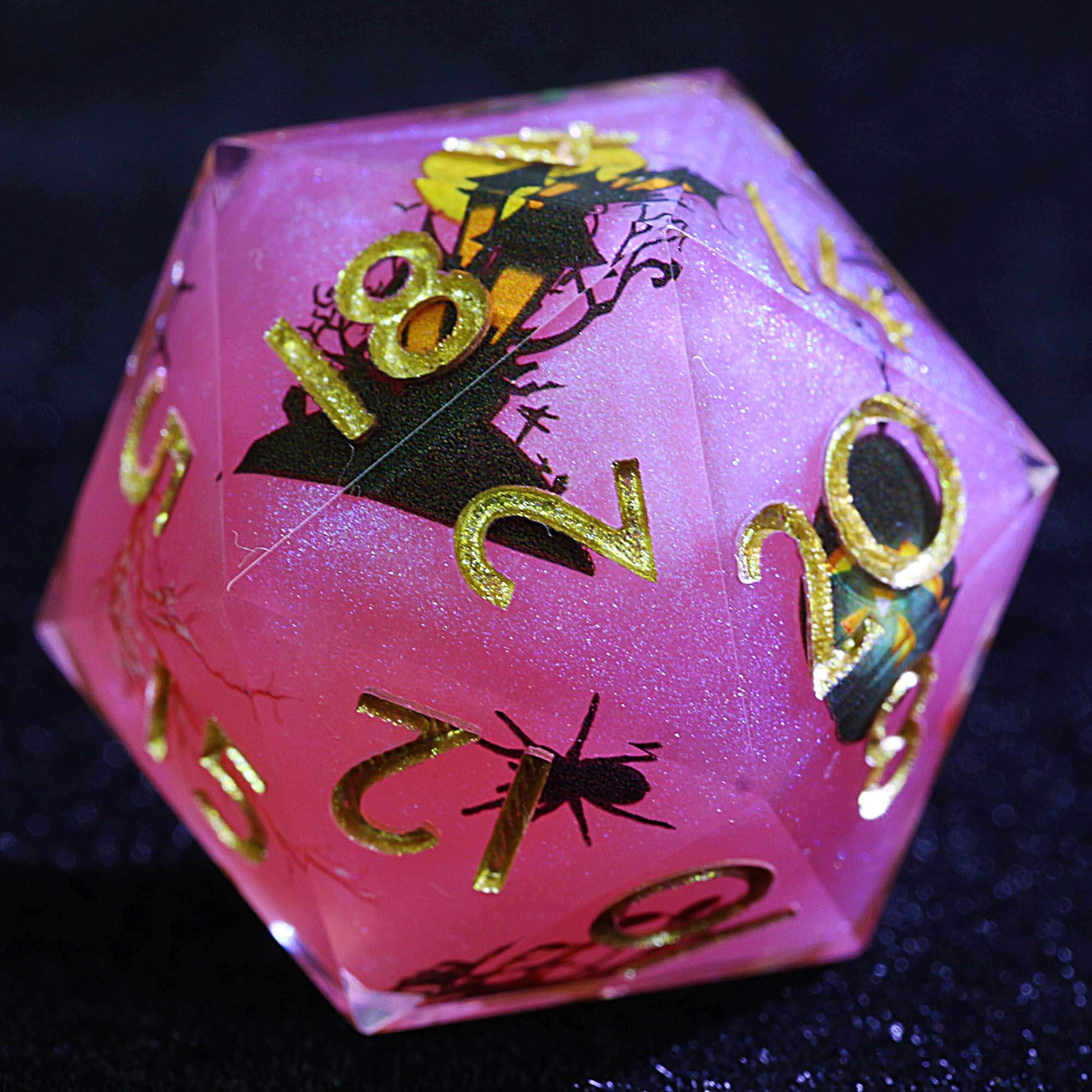 Halloween 9 Polyhedral Resin D&D Set of Dice Pink Sparkly Spooky House