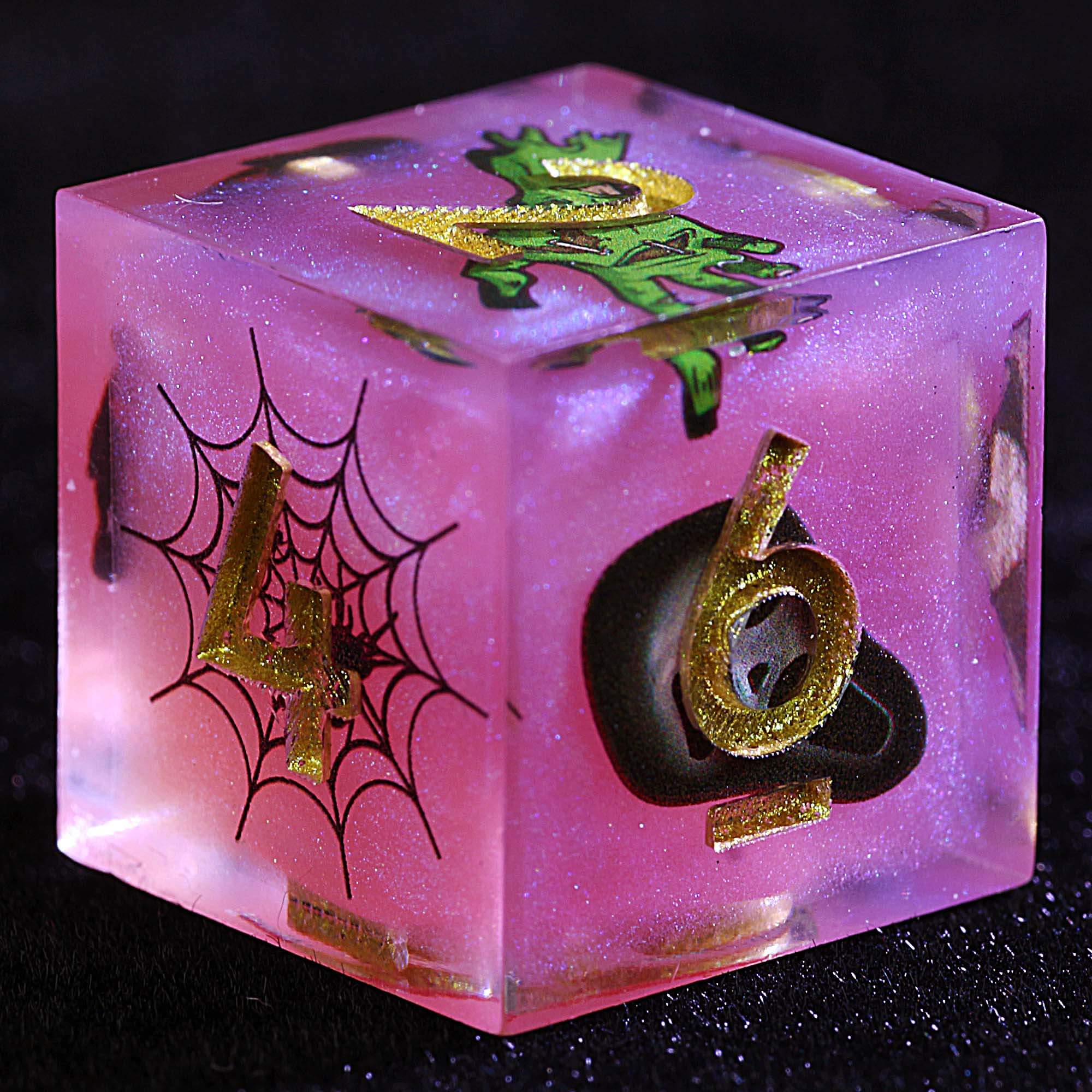 Halloween 9 Polyhedral Resin D&D Set of Dice Pink Sparkly Spooky House - Dice of Dragons