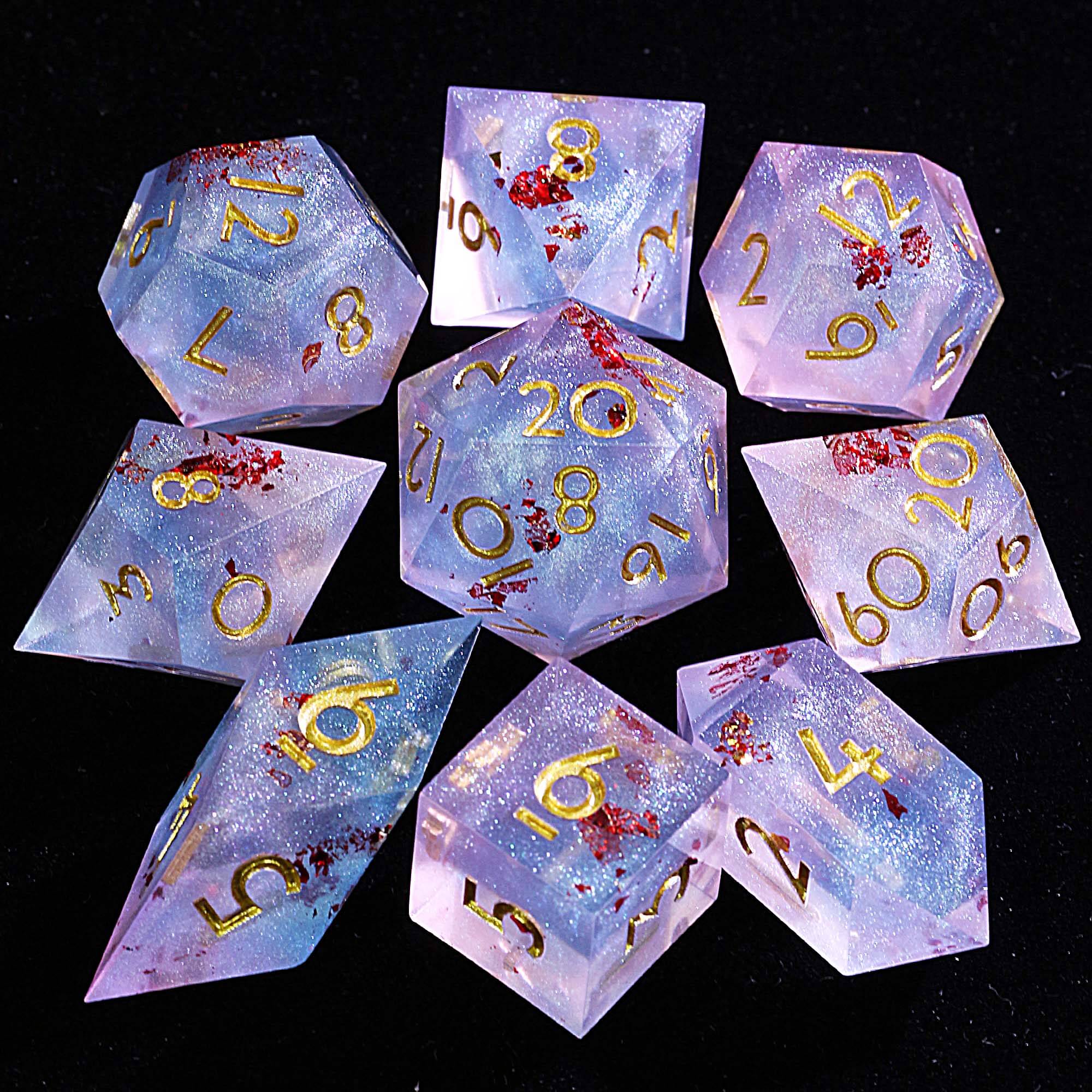 9 Polyhedral Resin DnD Sets of Dice Swirl with Red Gold Foil - Dice of Dragons