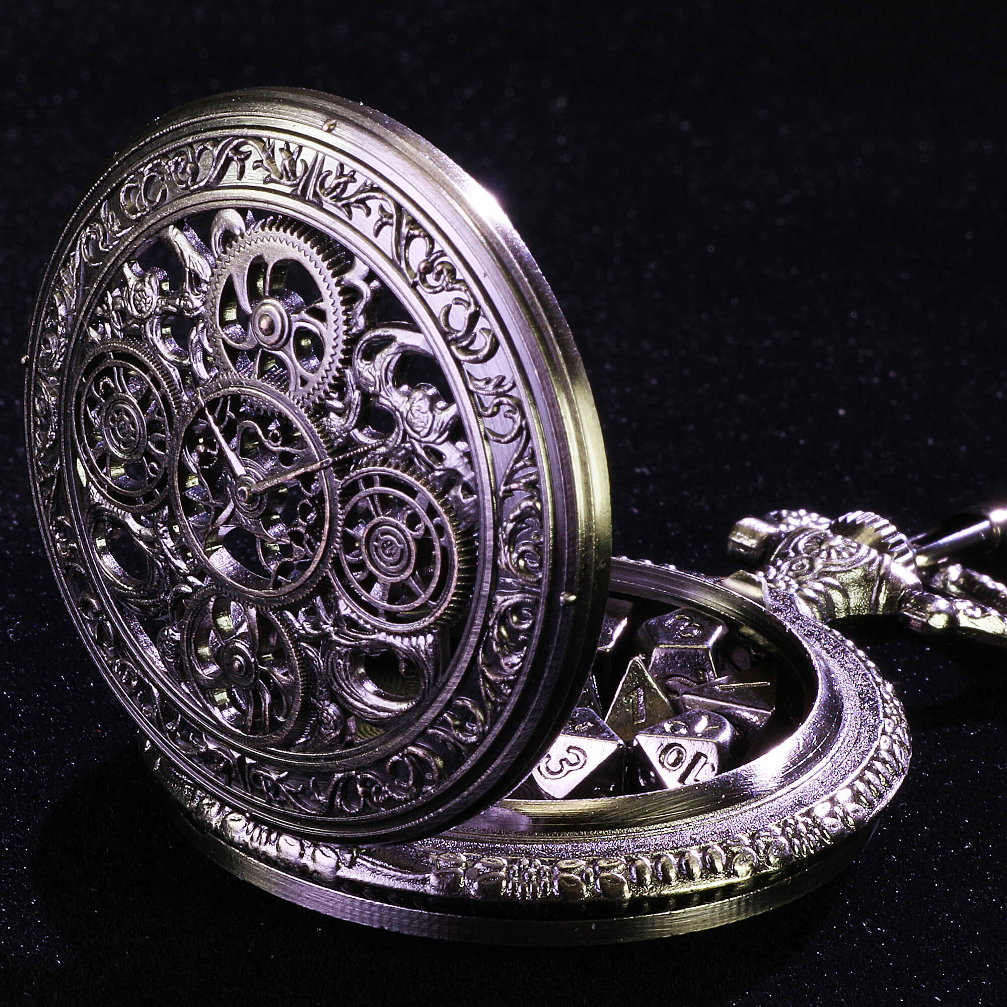 Hollow Gear Mini Polyhedral Metal DnD Dice Sets with Pocket Watch Shell Case - Dice of Dragons
