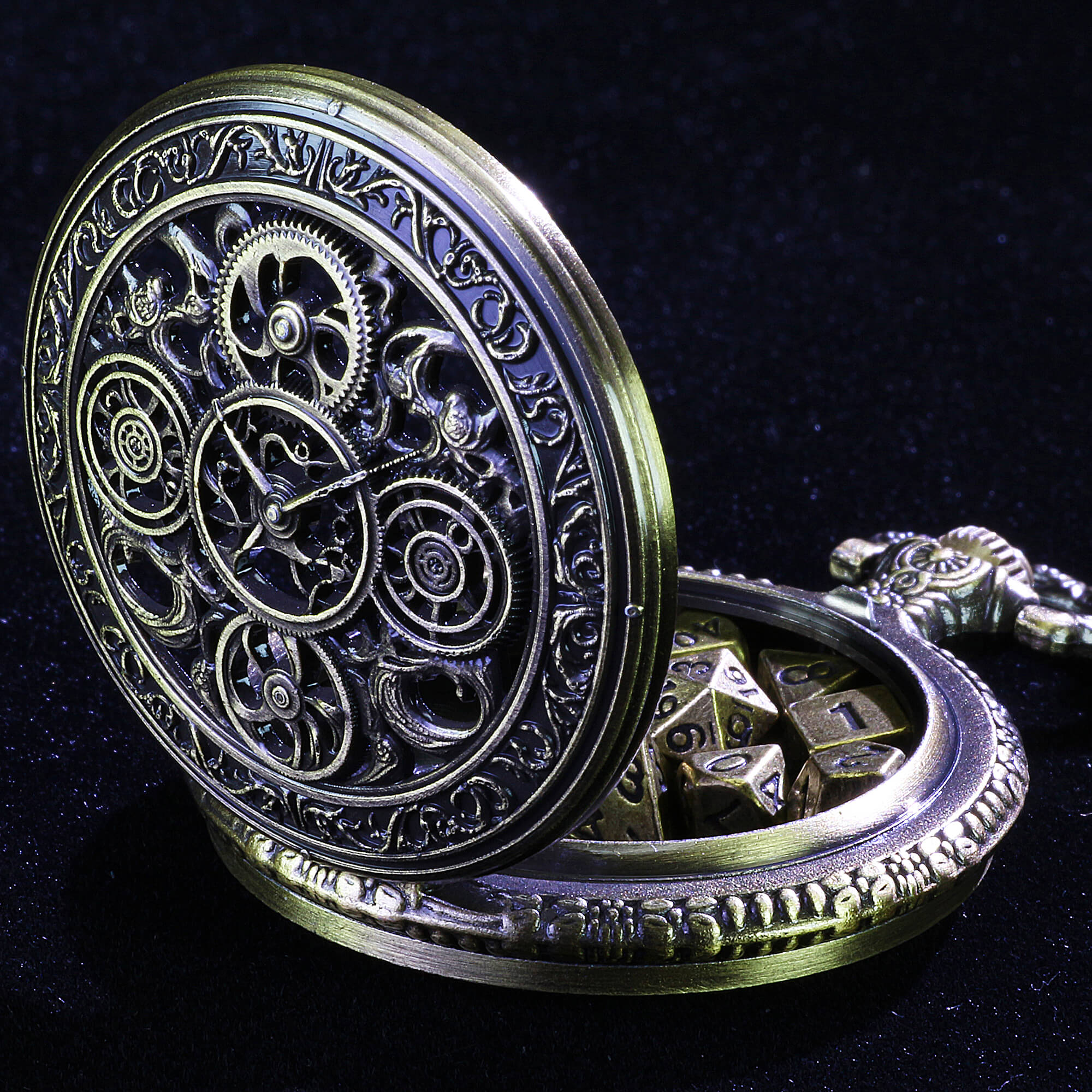 Hollow Gear Mini Polyhedral Metal DnD Dice Sets with Pocket Watch Shell Case - Dice of Dragons