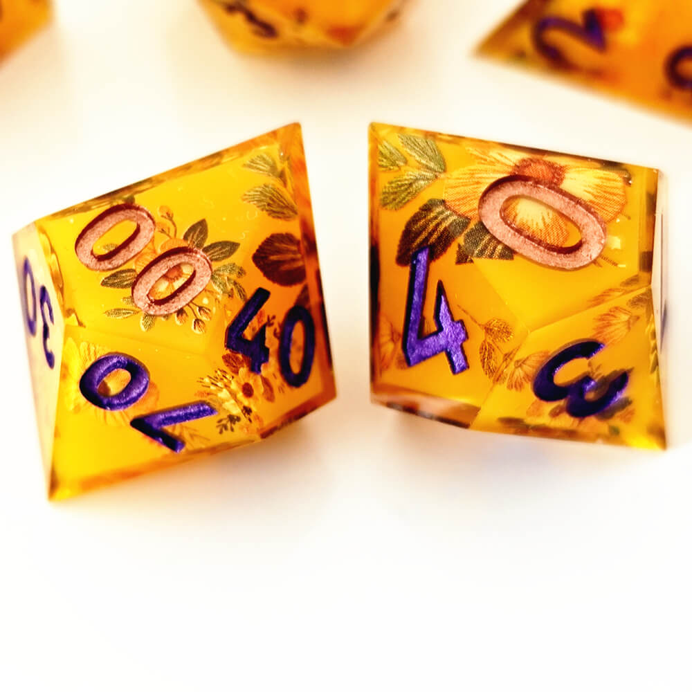 Honey Sharp Edge Resin Polyhedral 7-Piece D&D Dice Set - Dice of Dragons