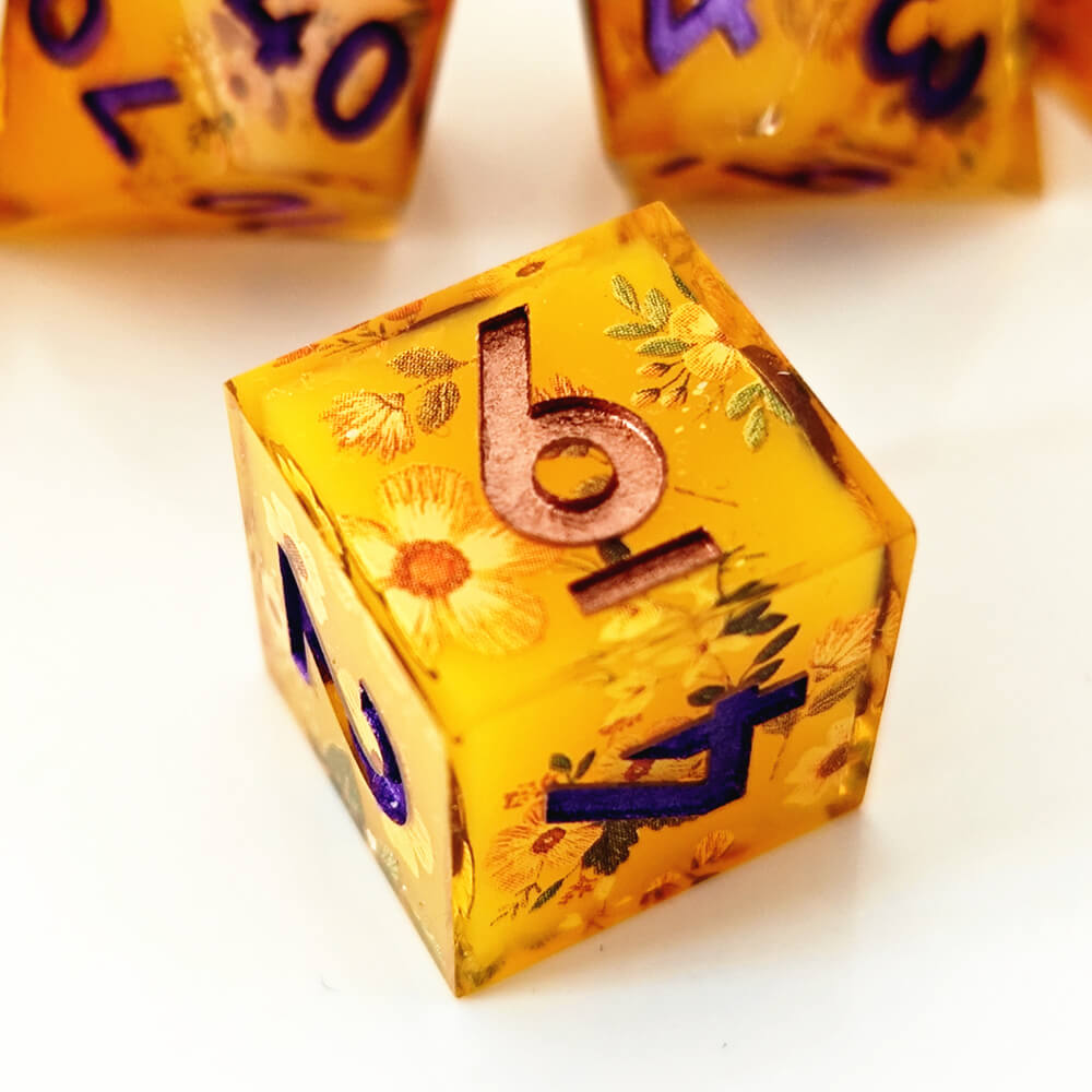 Honey Sharp Edge Resin Polyhedral 7-Piece D&D Dice Set - Dice of Dragons