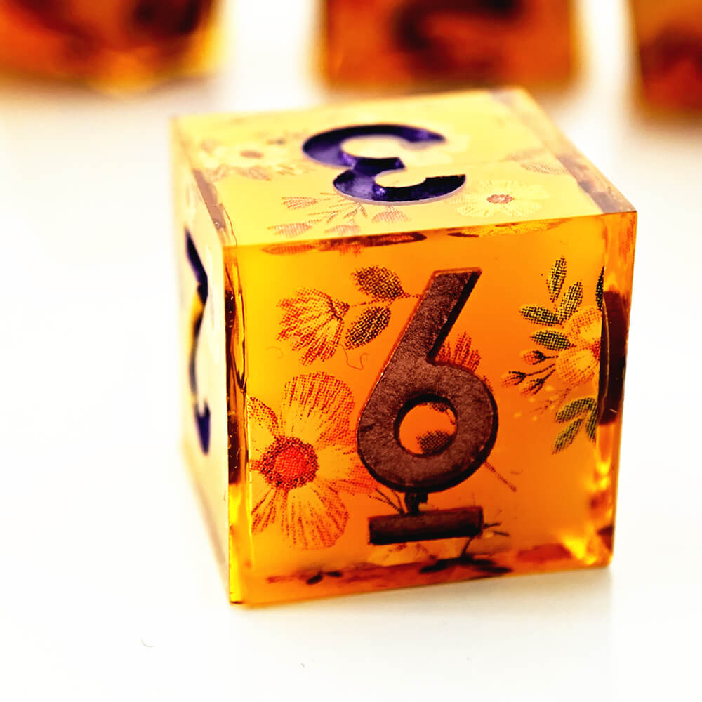Honey Sharp Edge Resin Polyhedral 7-Piece D&D Dice Set - Dice of Dragons