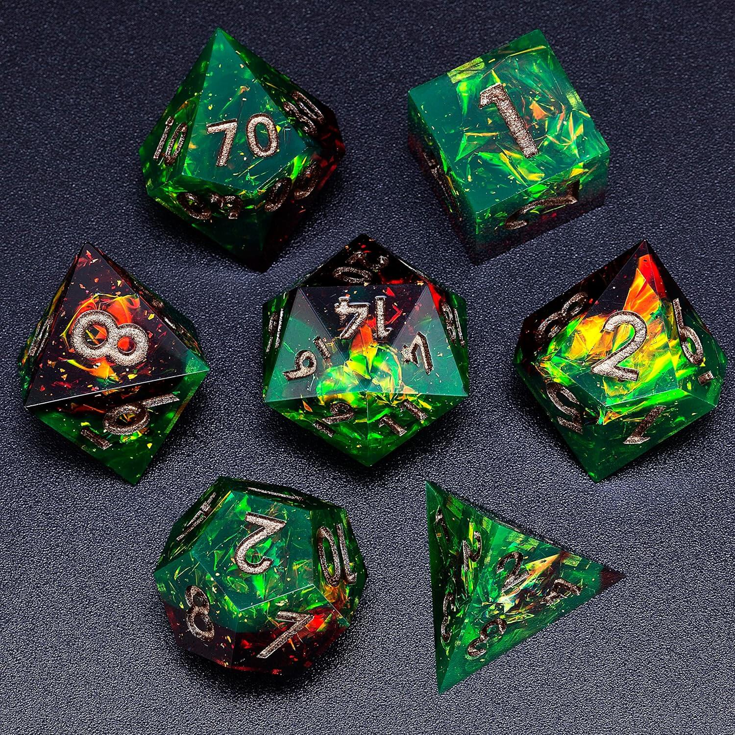 Jungle Fire Polyhedral Resin 7-Piece D&D Dice Set - Dice of Dragons