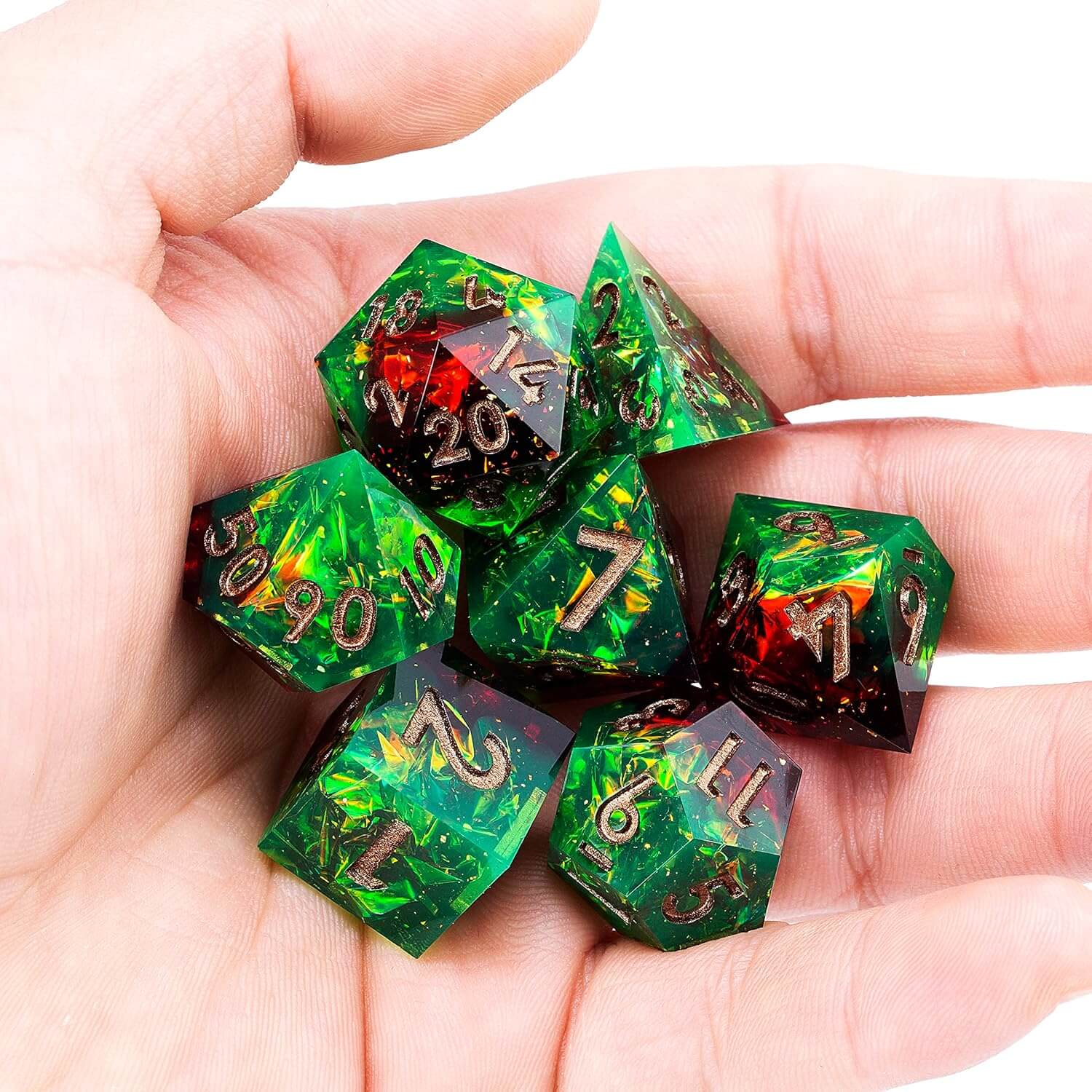 Jungle Fire Polyhedral Resin 7-Piece D&D Dice Set - Dice of Dragons