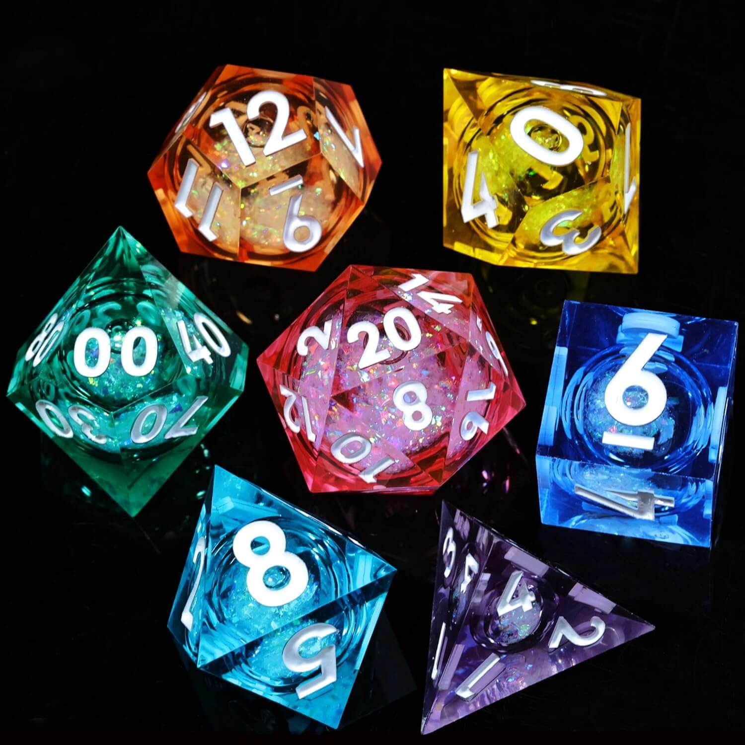 Liquid Core Rainbow 7-Piece Sharp Edge Polyhedral Resin D&D Dice Set - Dice of Dragons