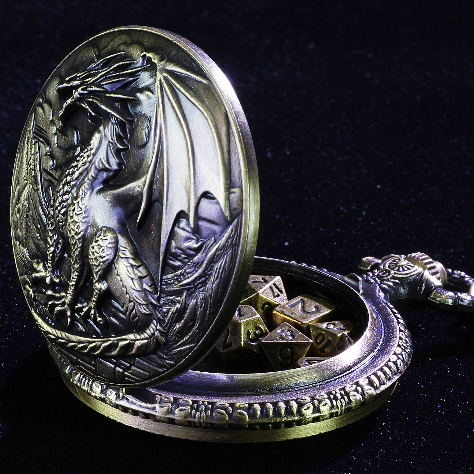 Metallic Dragon Mini Polyhedral Metal DnD Dice Set with Pocket Watch Shell Case - Dice of Dragons