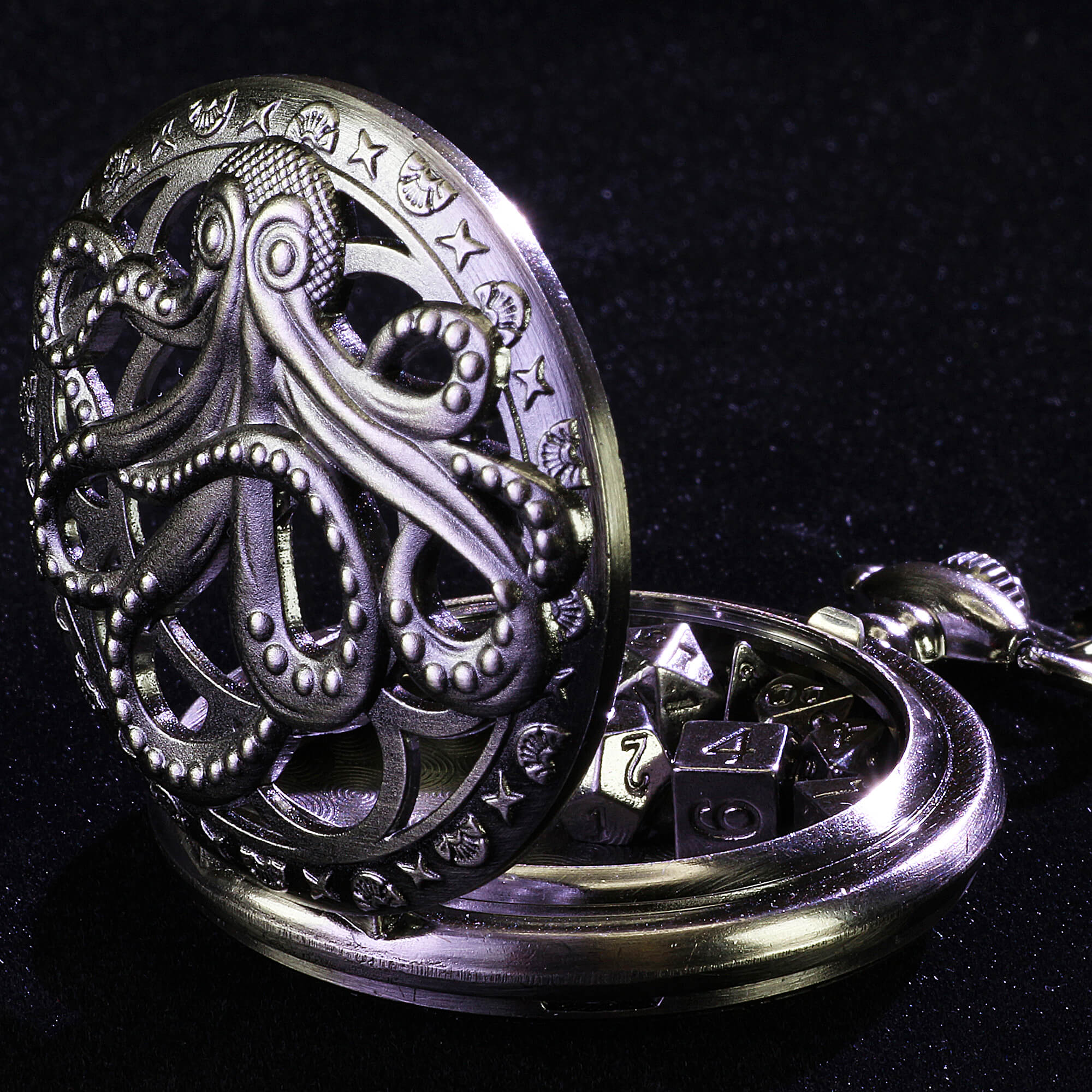 Octopus Mini Polyhedral Metal Dice Set D&D with Pocket Watch Shell Case - Dice of Dragons