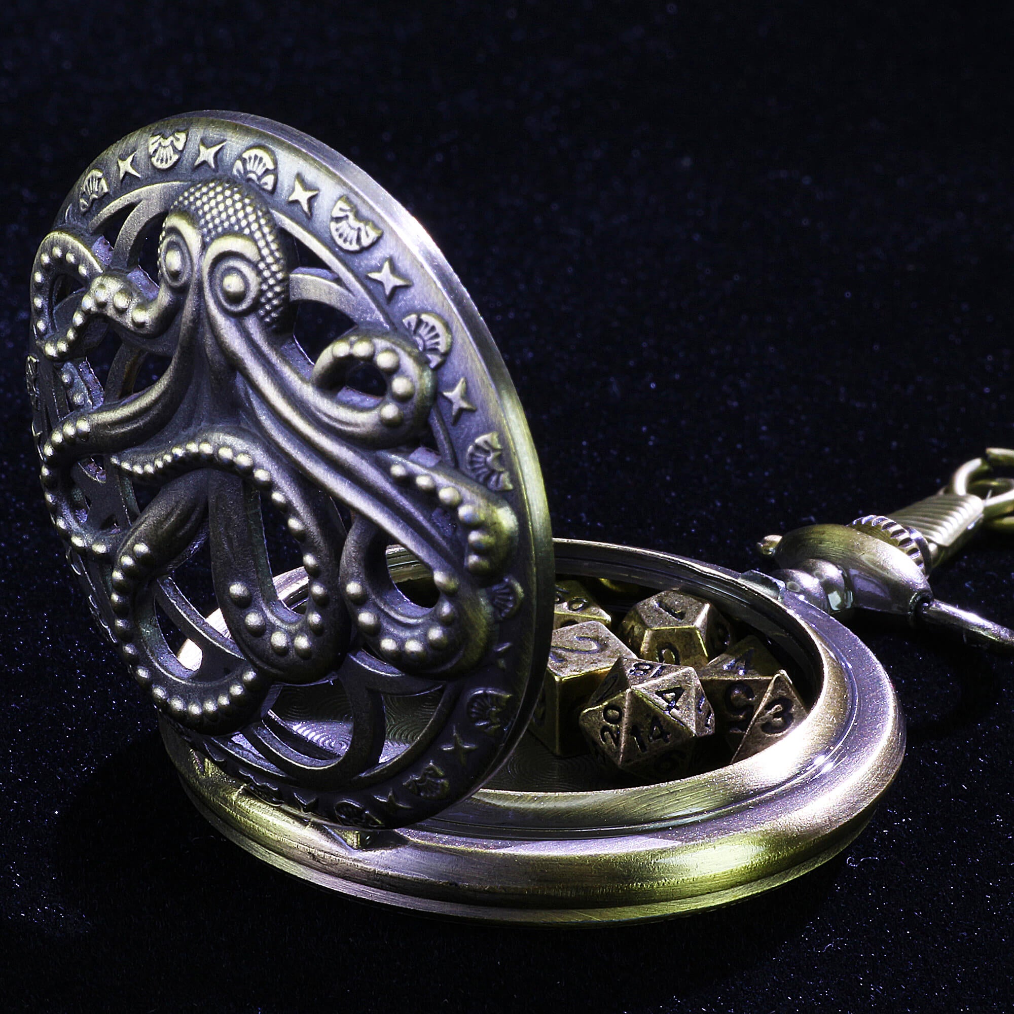 Octopus Mini Polyhedral Metal Dice Set D&D with Pocket Watch Shell Case - Dice of Dragons