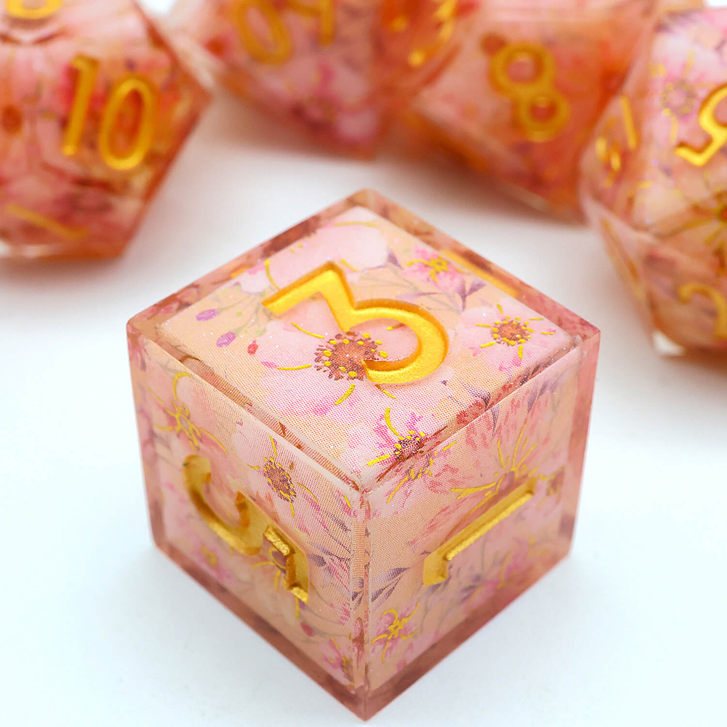 Polyhedral 7 Piece DnD Set Dice Pink Peach Blossom - Dice of Dragons