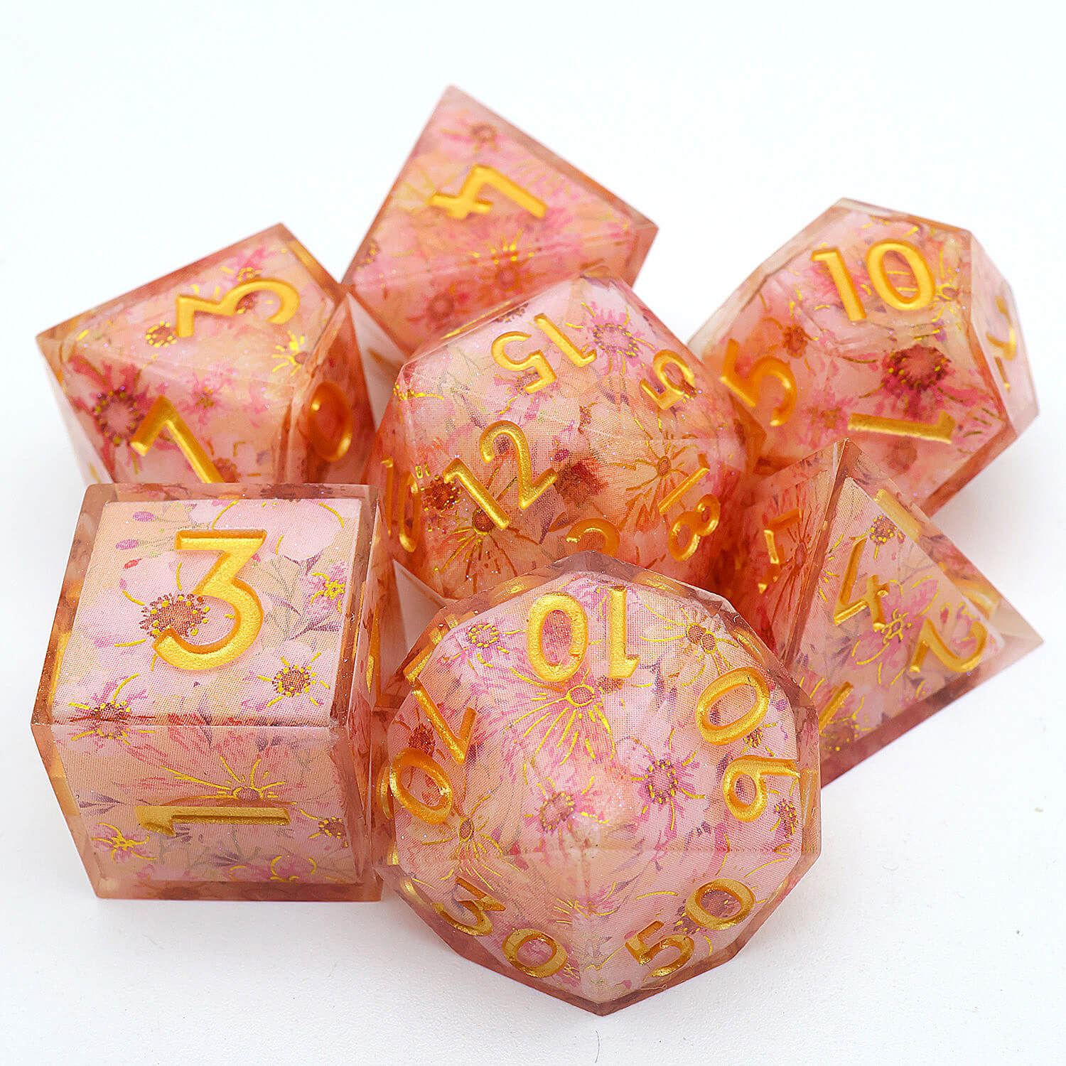 Polyhedral 7 Piece DnD Set Dice Pink Peach Blossom - Dice of Dragons