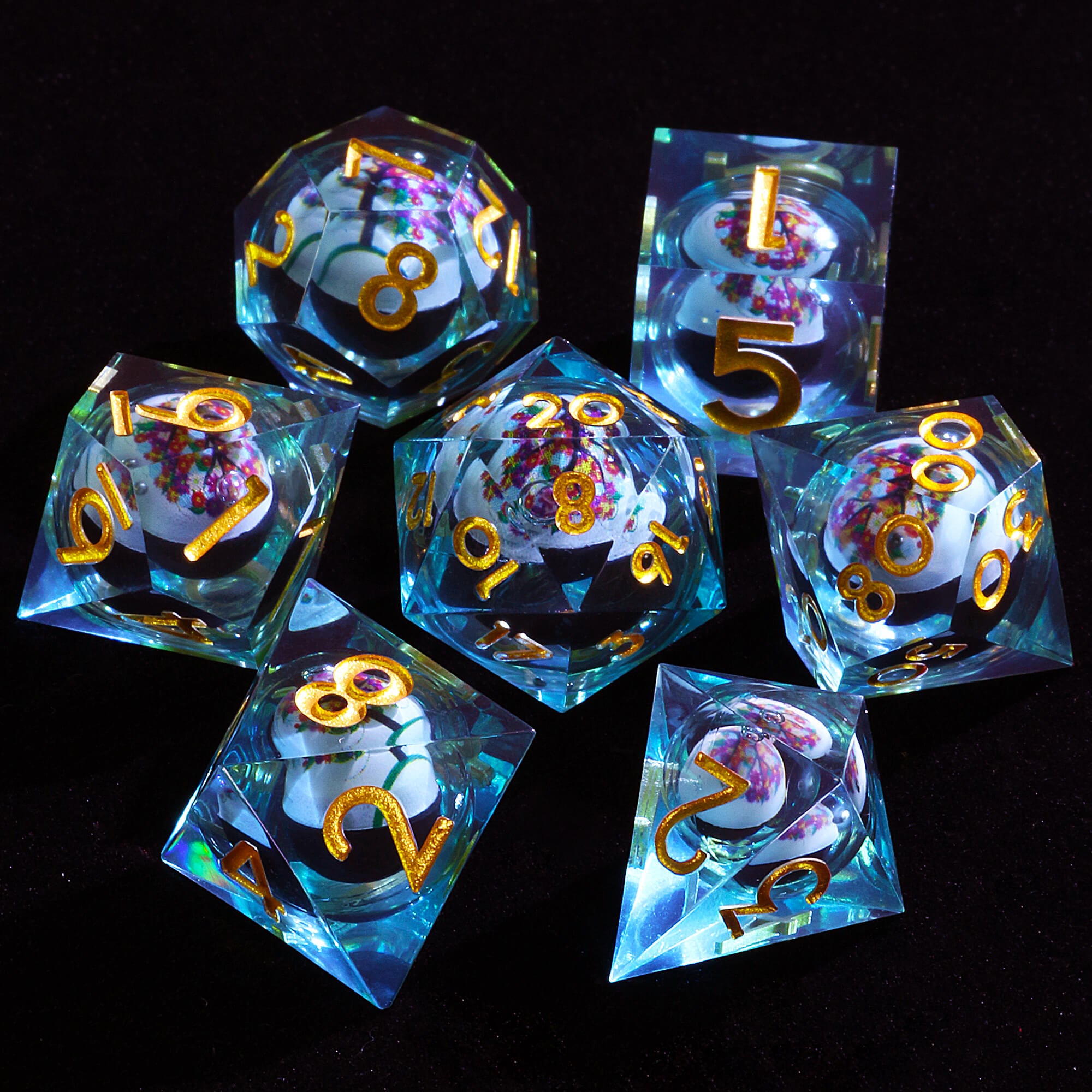 Polyhedral Cool Flower Tree Liquid Core Dice Set DnD - Dice of Dragons