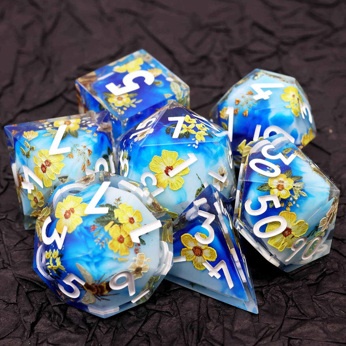 7-Piece Bee Flower Sharp Edge DND Dice Set - Dice of Dragons