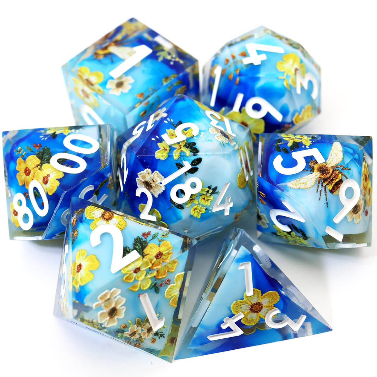 7-Piece Bee Flower Sharp Edge DND Dice Set - Dice of Dragons