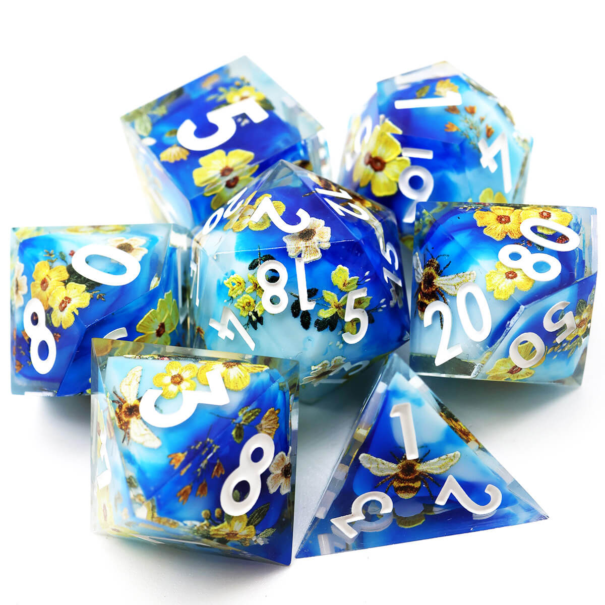 7-Piece Bee Flower Sharp Edge DND Dice Set - Dice of Dragons