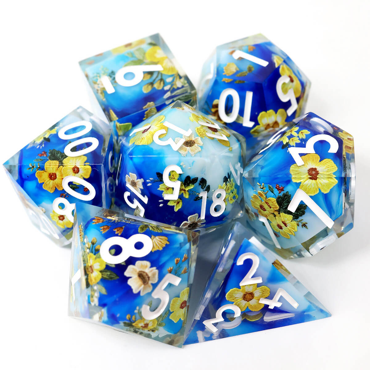 7-Piece Bee Flower Sharp Edge DND Dice Set - Dice of Dragons