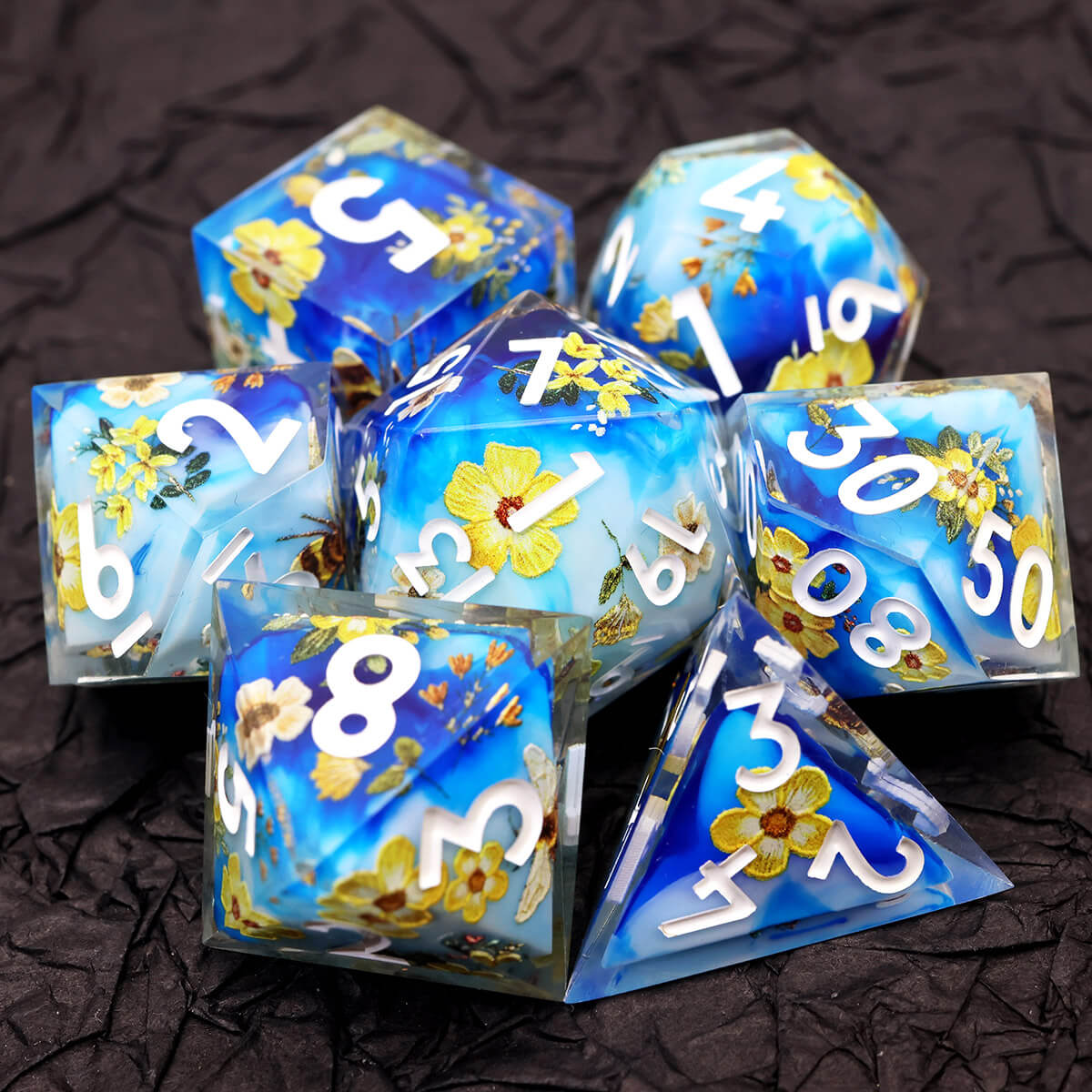 7-Piece Bee Flower Sharp Edge DND Dice Set - Dice of Dragons
