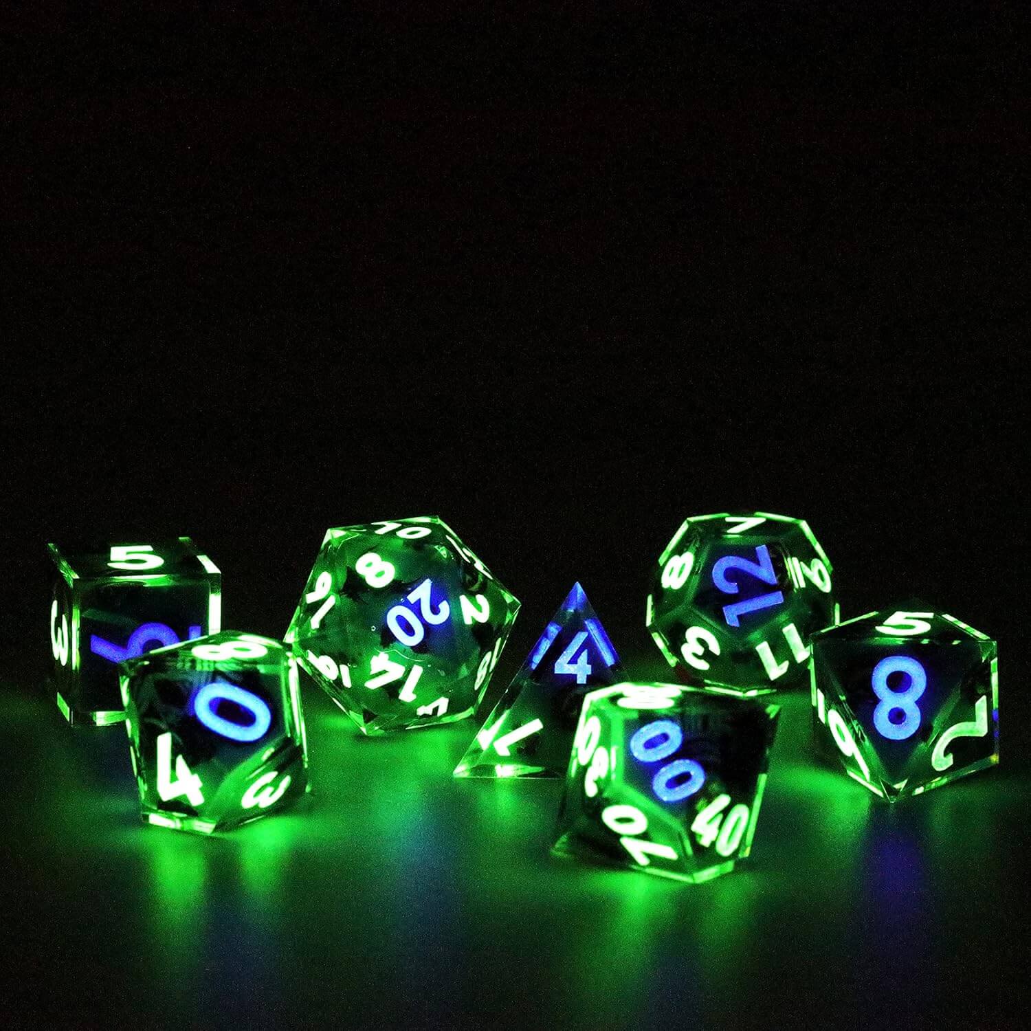 Pumpkin Glow Sharp Edge Resin Polyhedral 7-Piece D&D Dice Set - Dice of Dragons