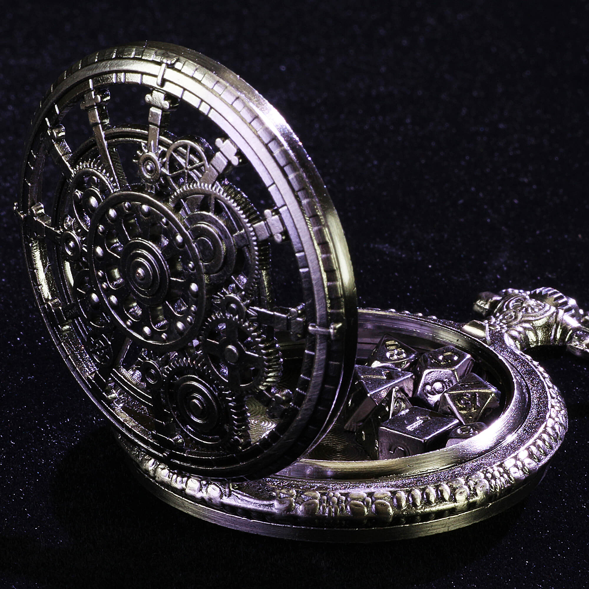 Punk Gear Mini Polyhedral Metal Dice Sets D&D with Pocket Watch Shell Case - Dice of Dragons