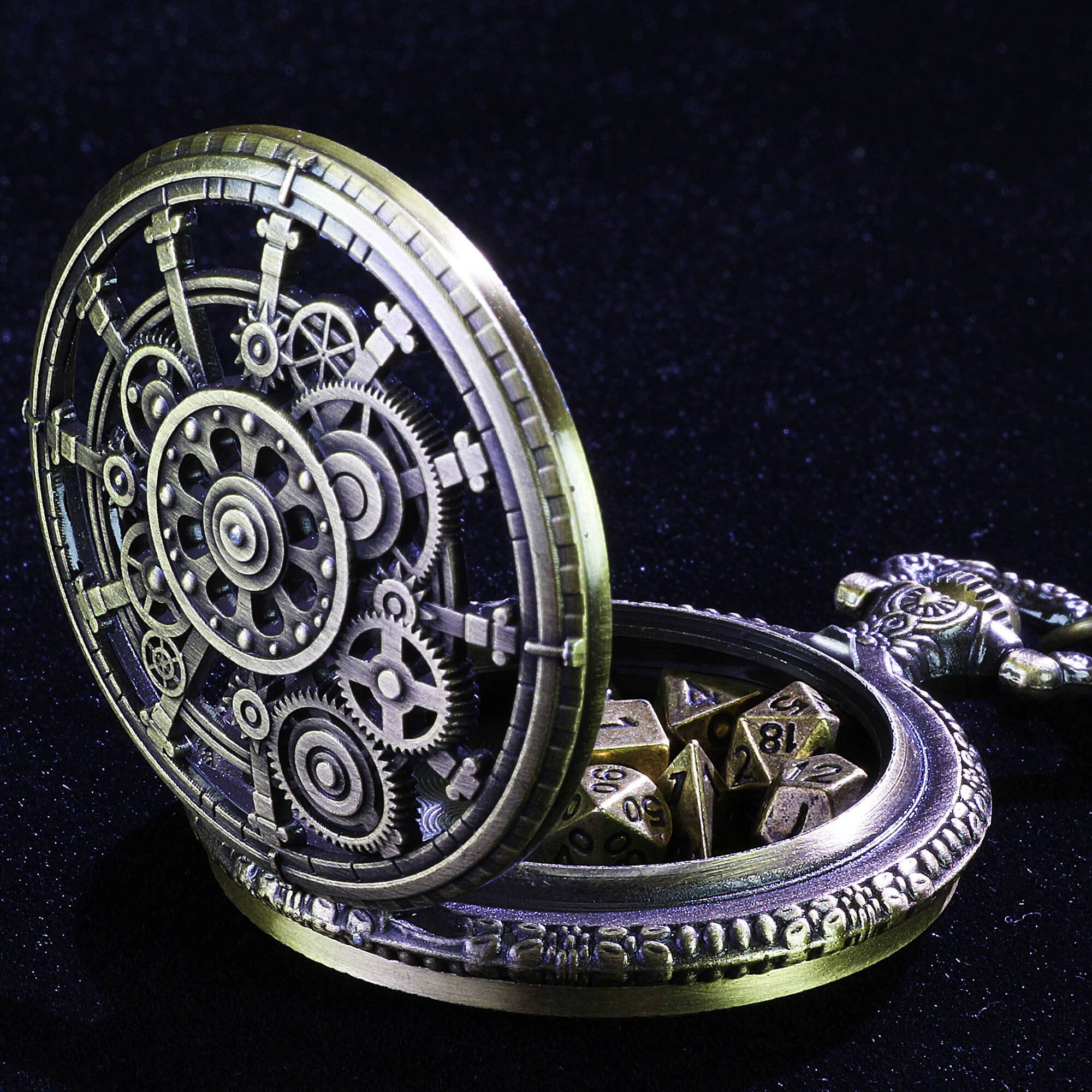 Punk Gear Mini Polyhedral Metal Dice Sets D&D with Pocket Watch Shell Case - Dice of Dragons