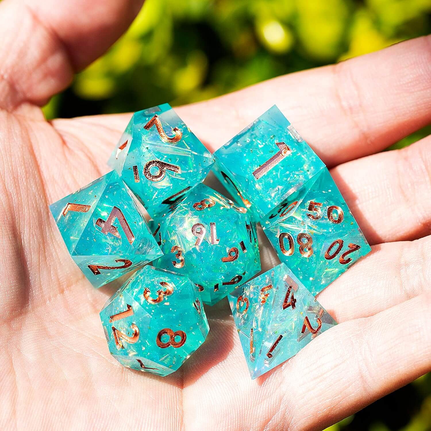 Resin Polyhedral Sharp Edged 7 Gaming DD Dice Set - Green Tea Poison - Dice of Dragons