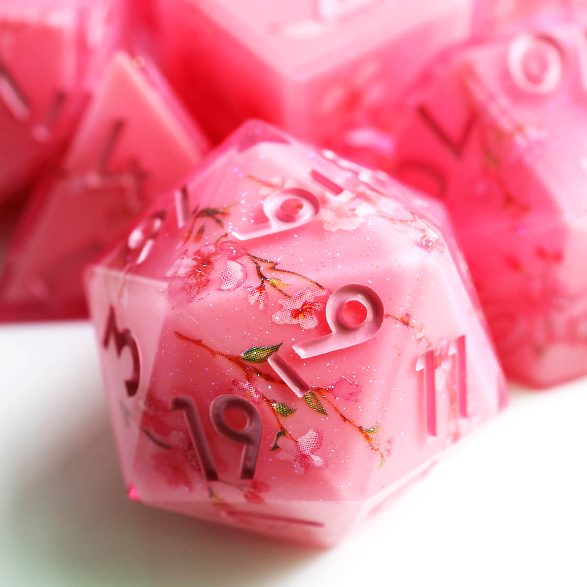 Sharp Edge Layered Pink Flower DND Dice Set 7-Piece - Dice of Dragons