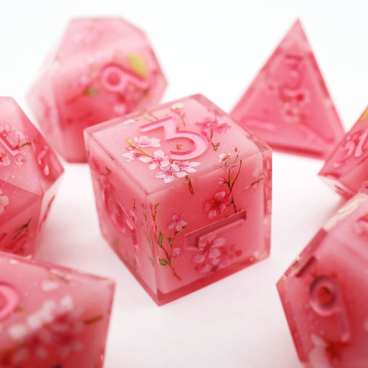 Sharp Edge Layered Pink Flower DND Dice Set 7-Piece - Dice of Dragons